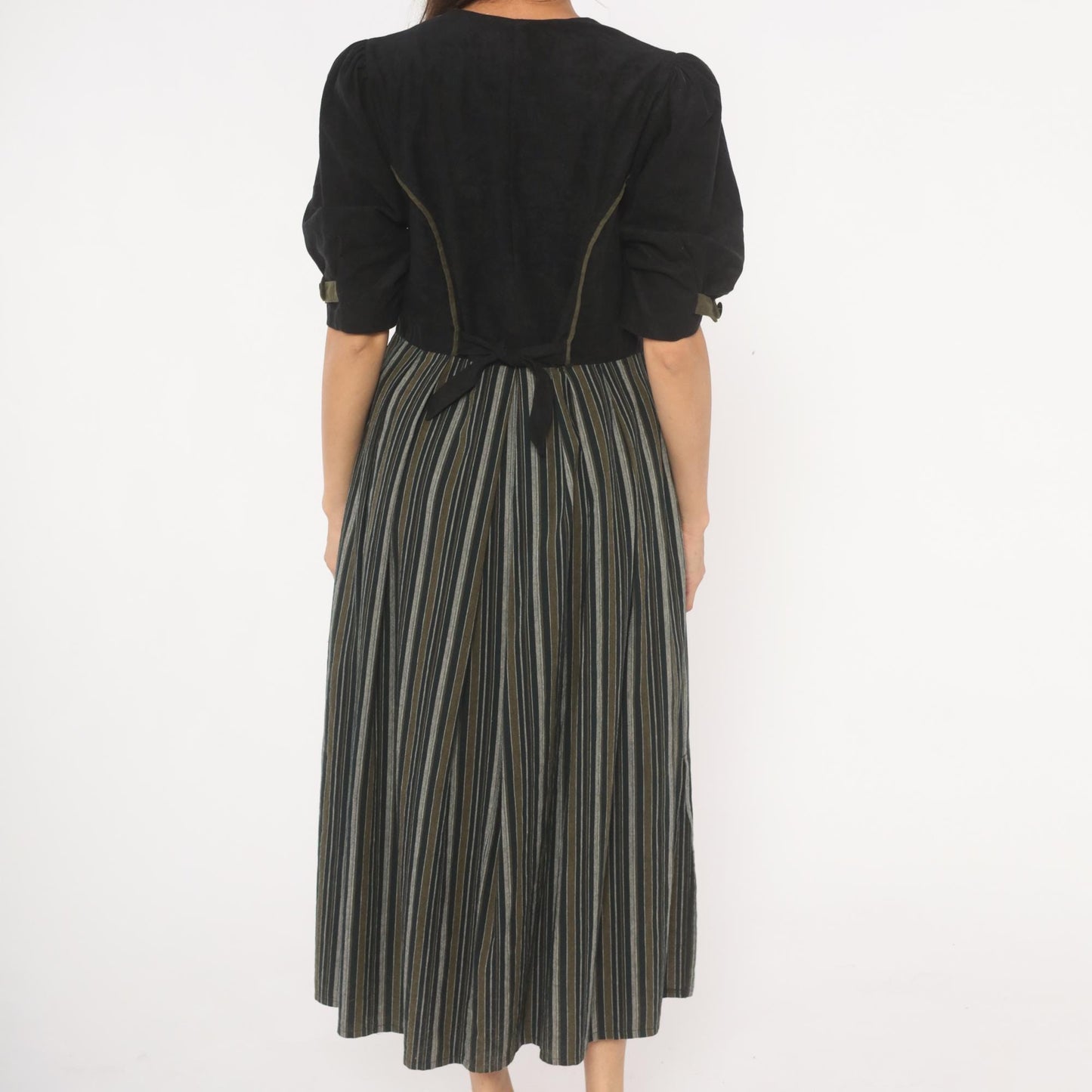 90s Folk Line Dirndl Dress Black Olive Striped Midi Puff Sleeve Extra Large