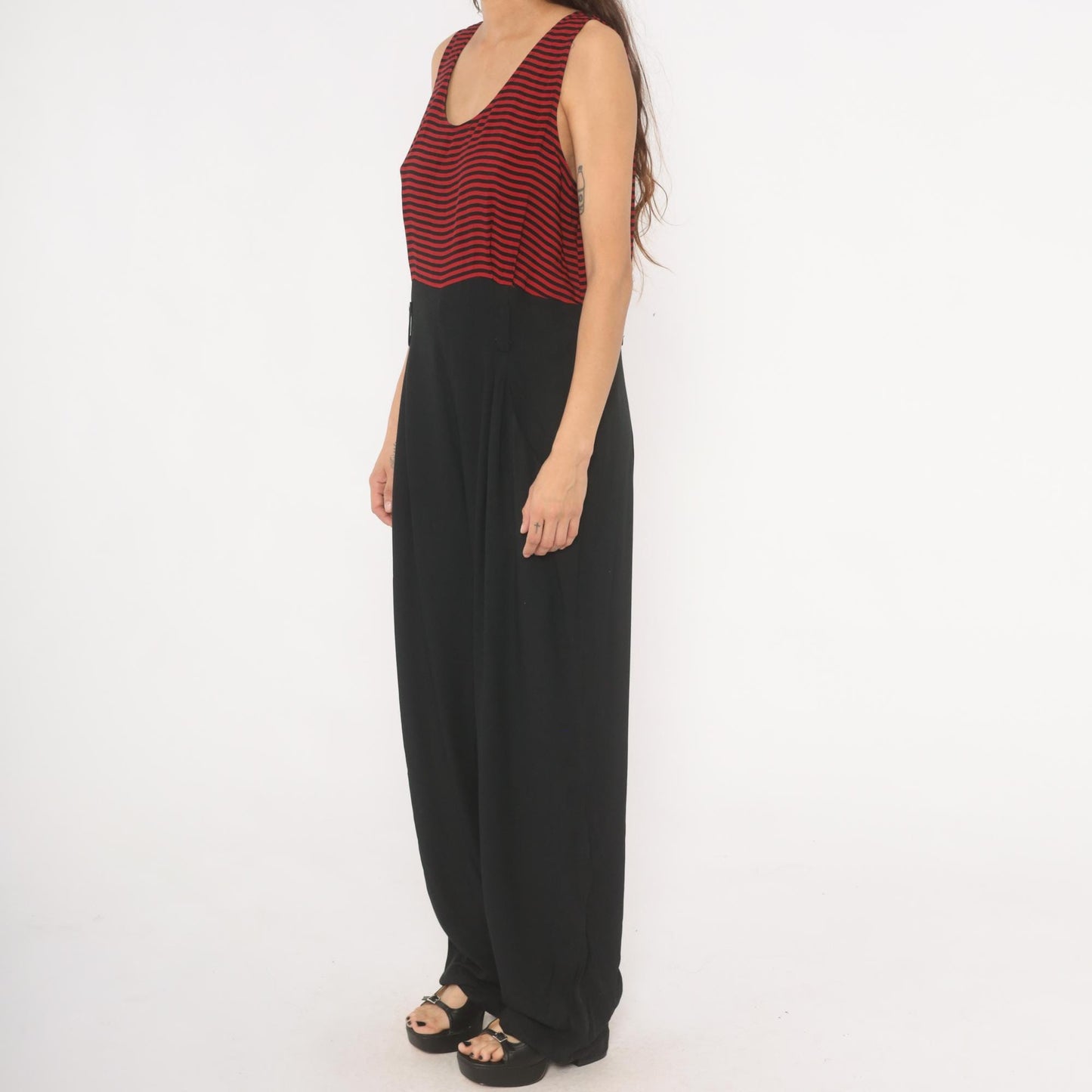 90s Red Black Striped Sleeveless Jumpsuit Wide Leg Maxi Tank Large L