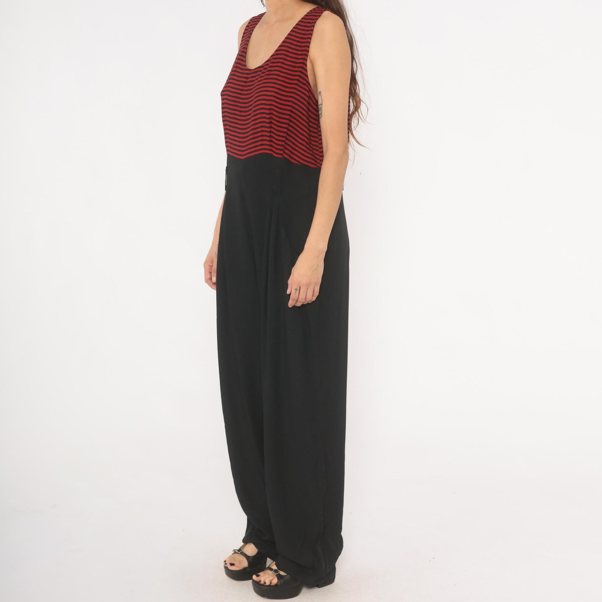90s Red Black Striped Sleeveless Jumpsuit Wide Leg Maxi Tank Large L