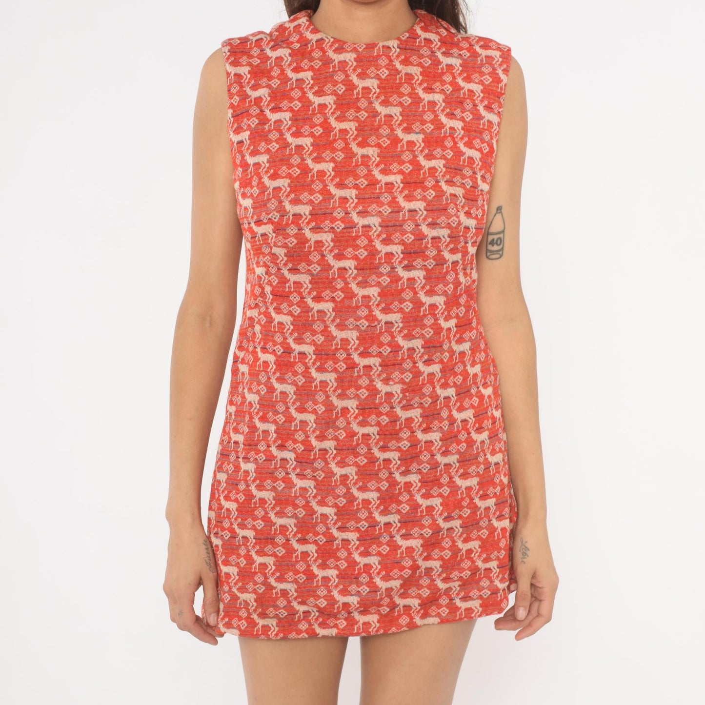 70s Deer Jacquard Mini Dress Red Cream Shift Knit Small S