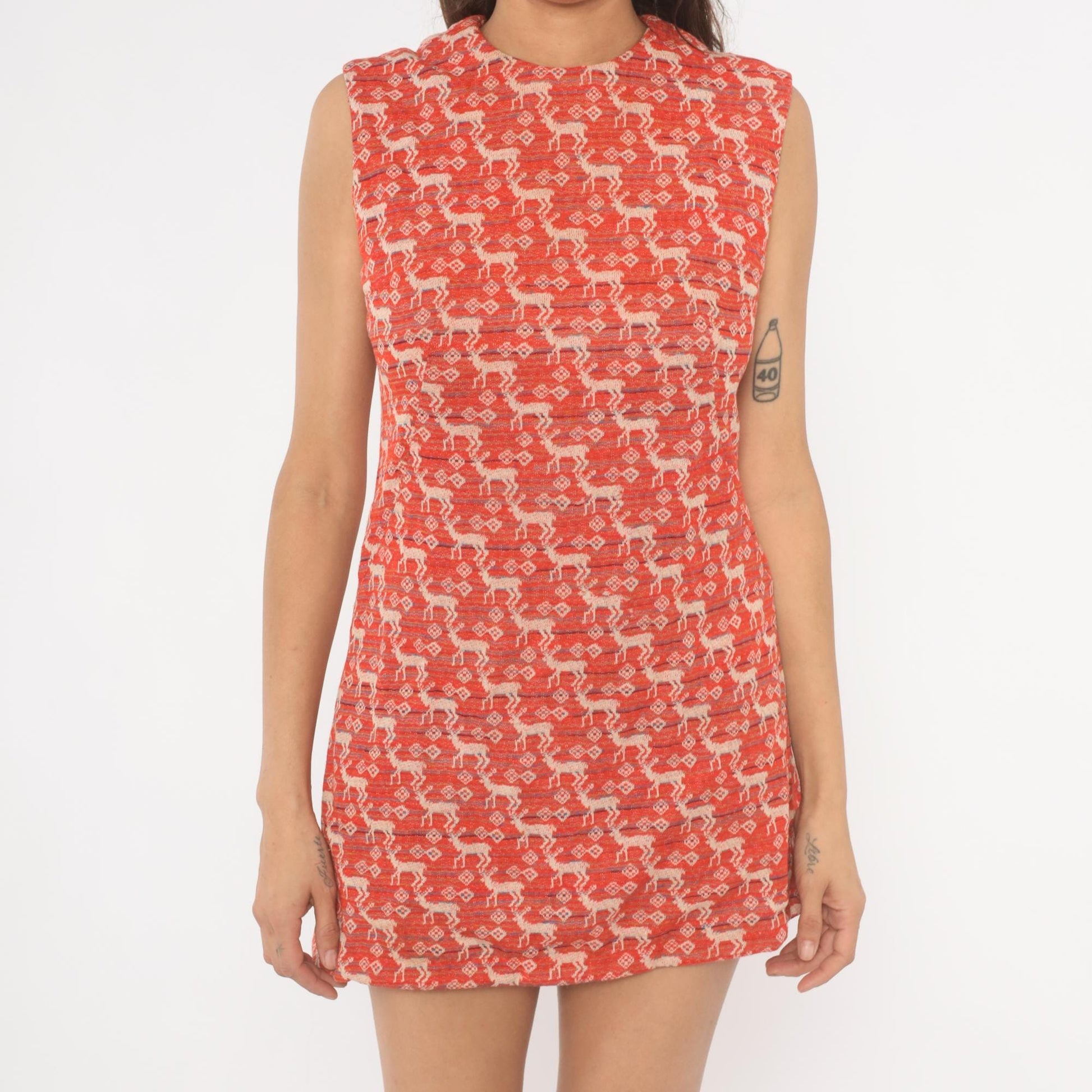 70s Deer Jacquard Mini Dress Red Cream Shift Knit Small S