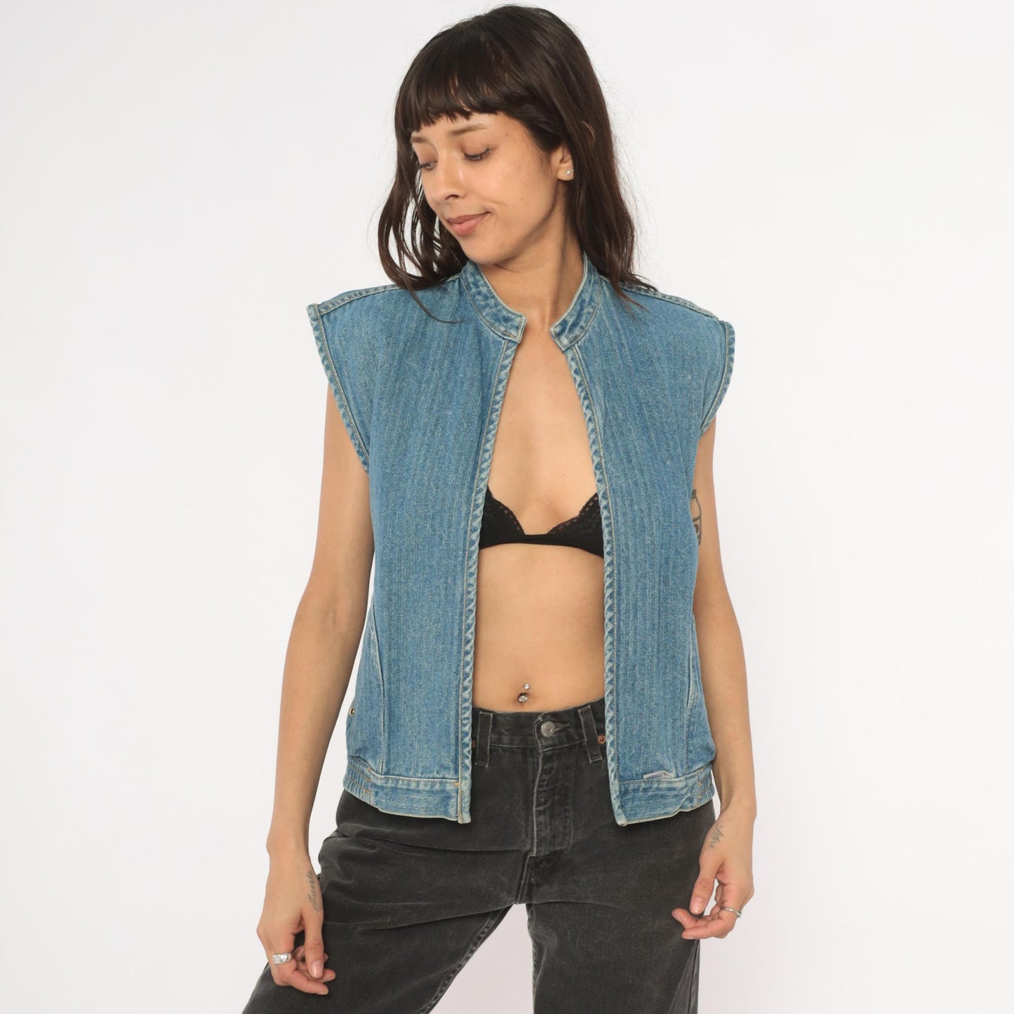 90s Jordache Reversible Denim Vest Pinstripe Blue White Mandarin Collar Small S
