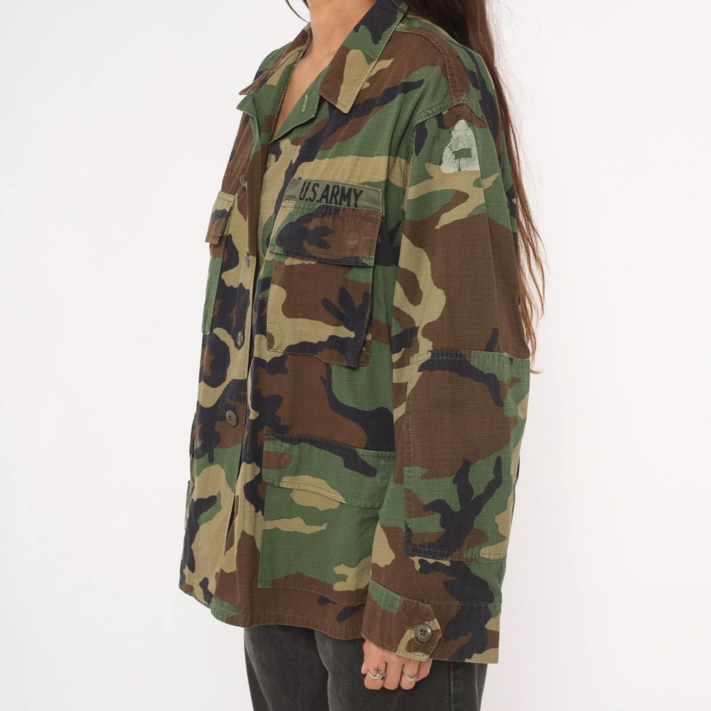 90s U.S. Army BDU Woodland Camouflage Button-Front Shirt Medium M