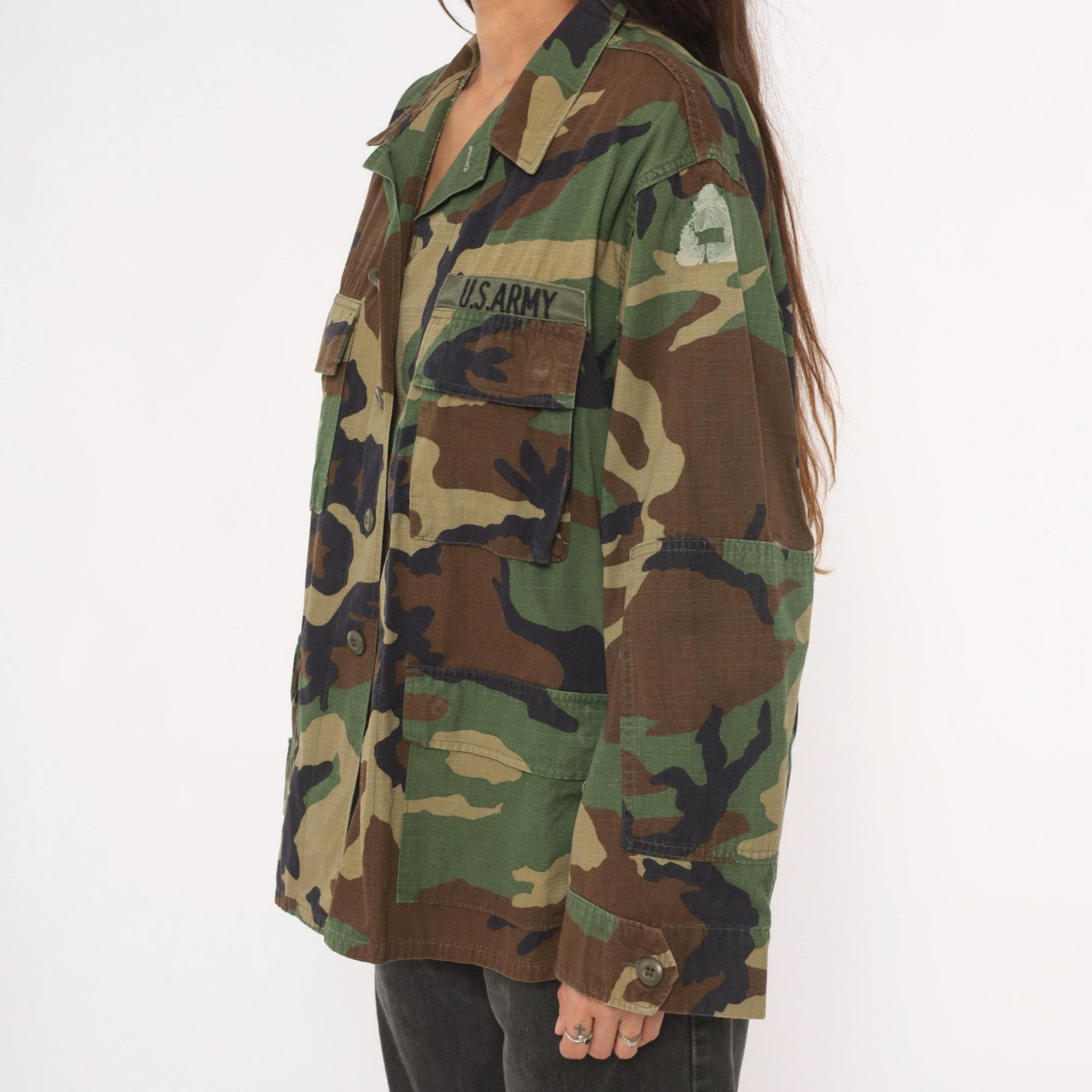 90s U.S. Army BDU Woodland Camouflage Button-Front Shirt Medium M