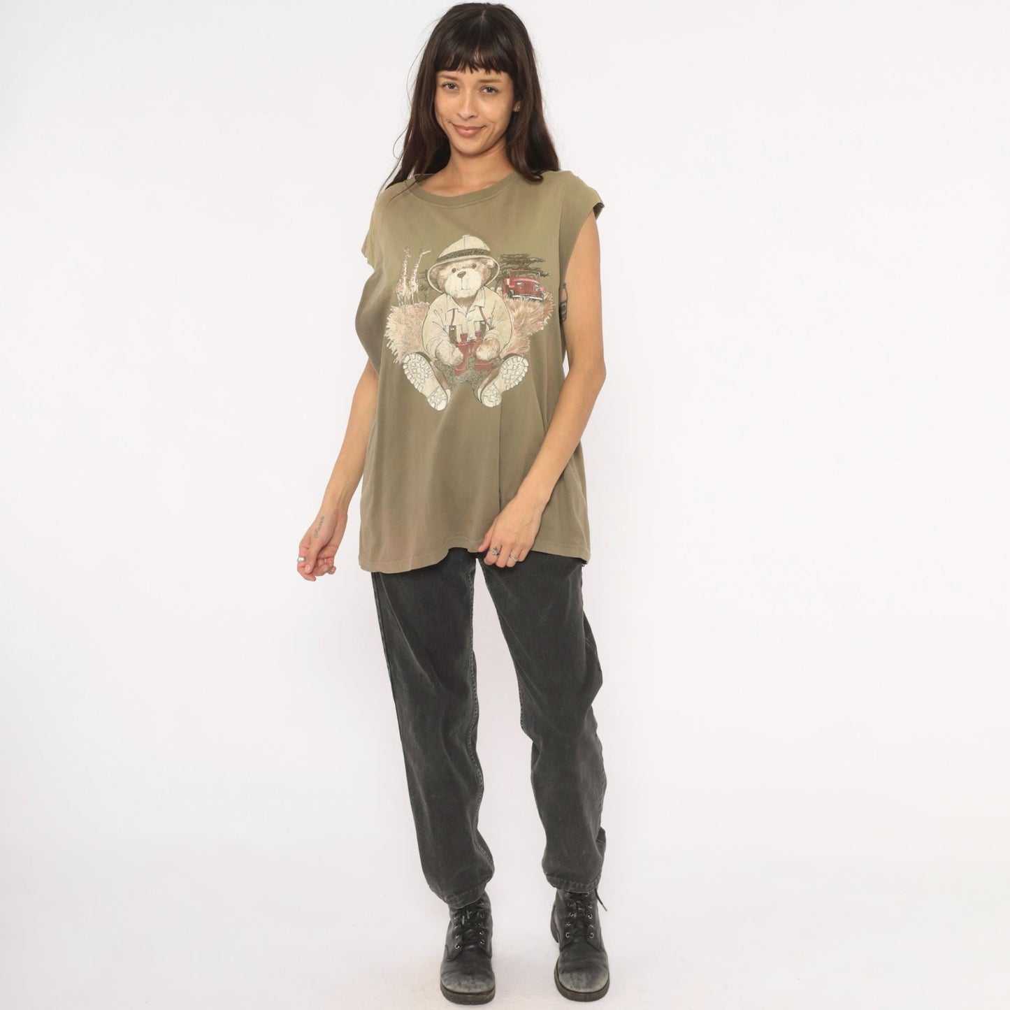 90s Northwest Blue Safari Bear Graphic Tank Top Olive Green Extra Large