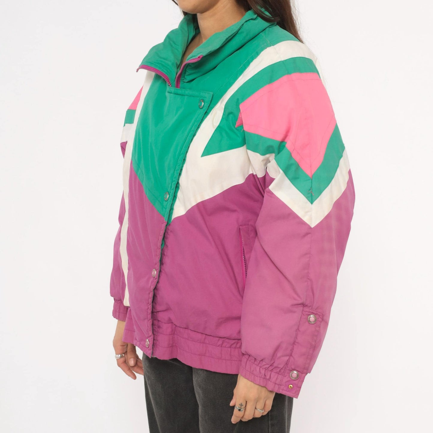 90s Kaos Ski Jacket Colorblock Teal Pink Purple Geometric Puffer Large L