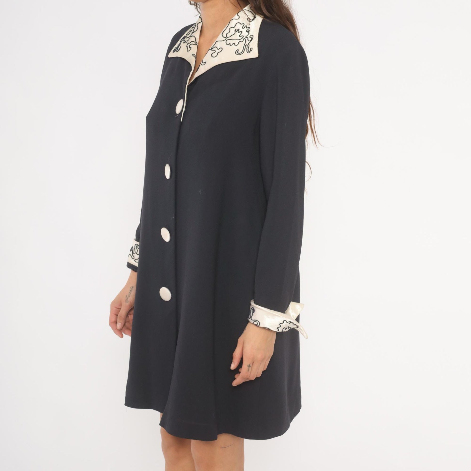90s Navy Coat Dress Embroidered Ivory Collar White Dome Buttons Medium M