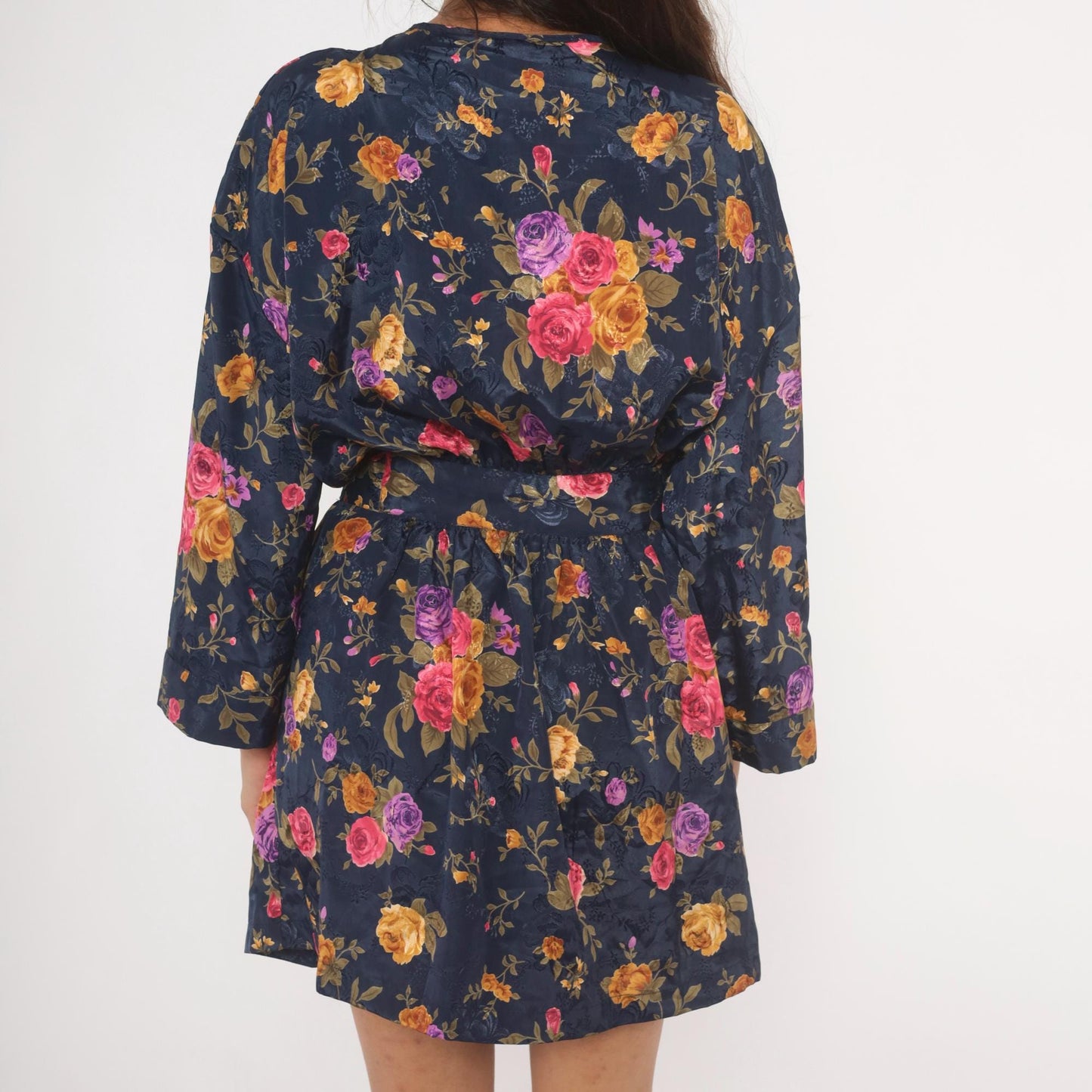 90s M.T. Morgan Taylor Navy Floral Kimono Robe Mini Wrap Tie Front Medium Large