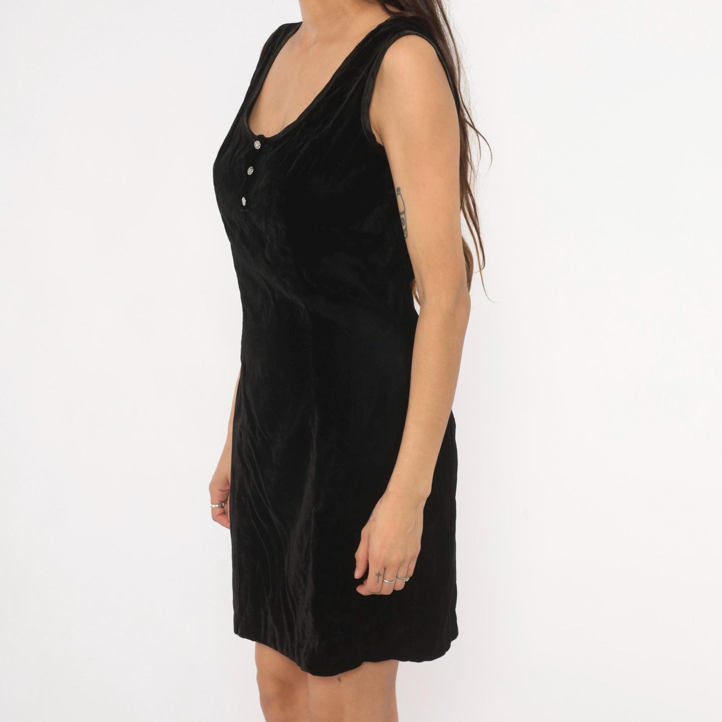 90s Rampage Black Velvet Mini Dress Scoop Neck Rhinestone Bodycon Medium M