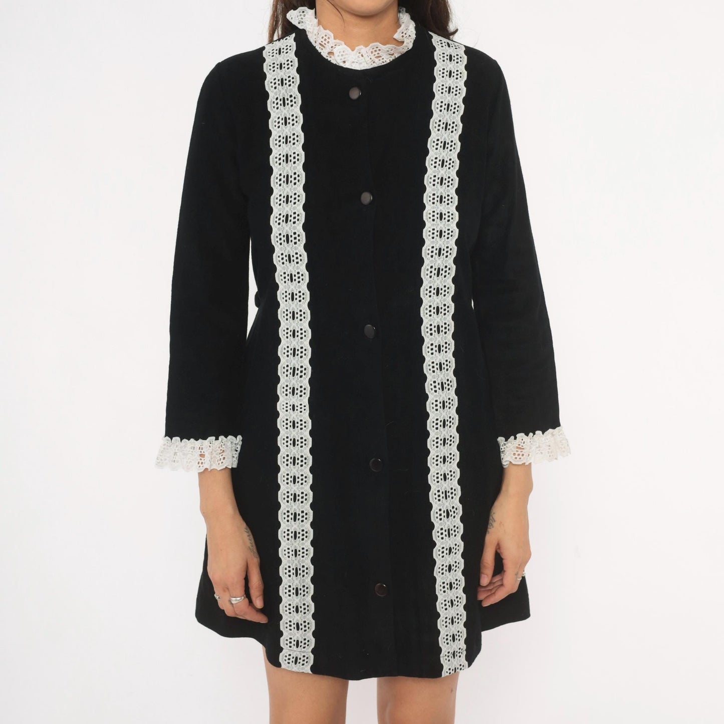 70s Black Velvet Mini Dress White Lace Trim High Neck Button Front A-Line Small S