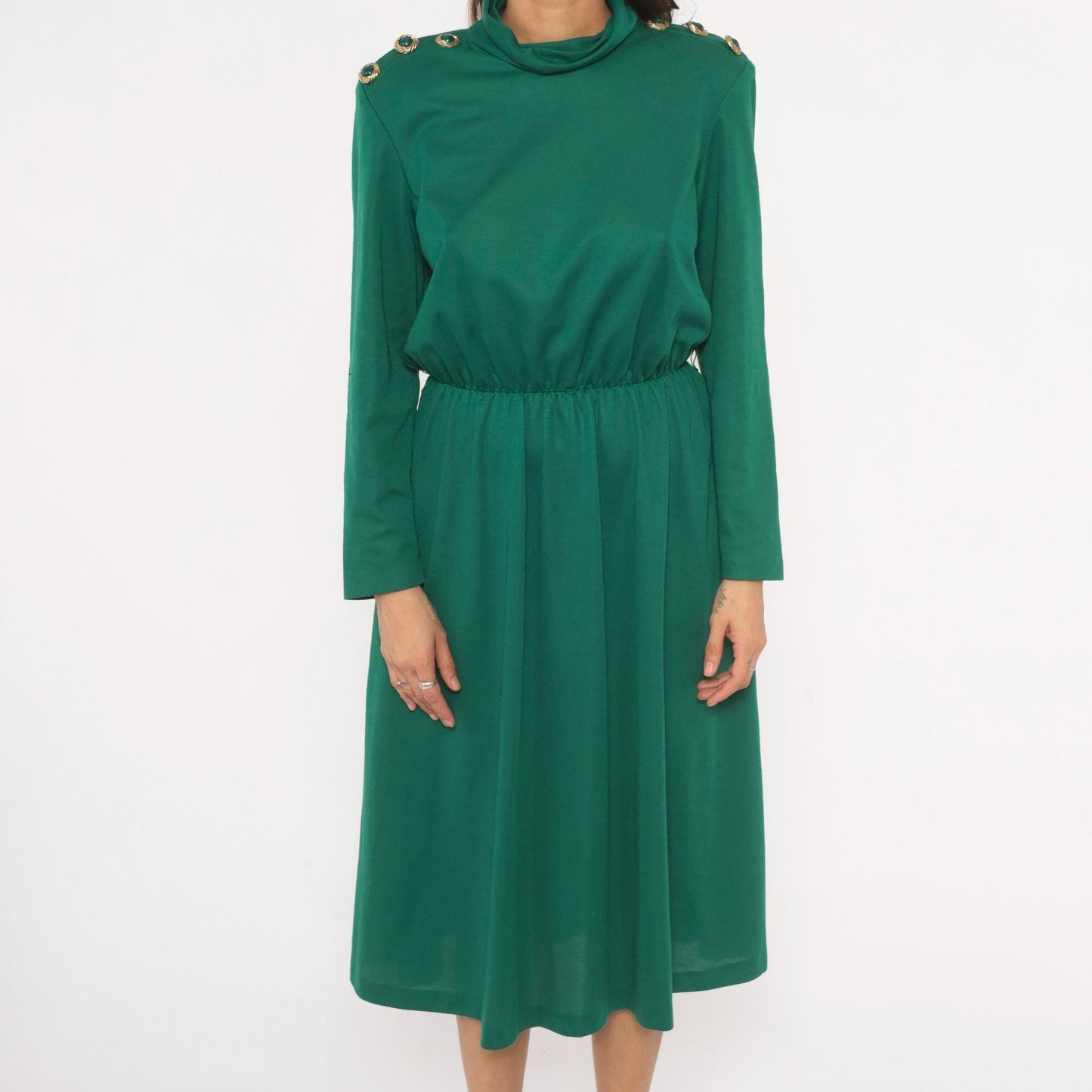 80s Impromptu Emerald Cowl Neck Midi Dress Gold Button Long Sleeve Large L