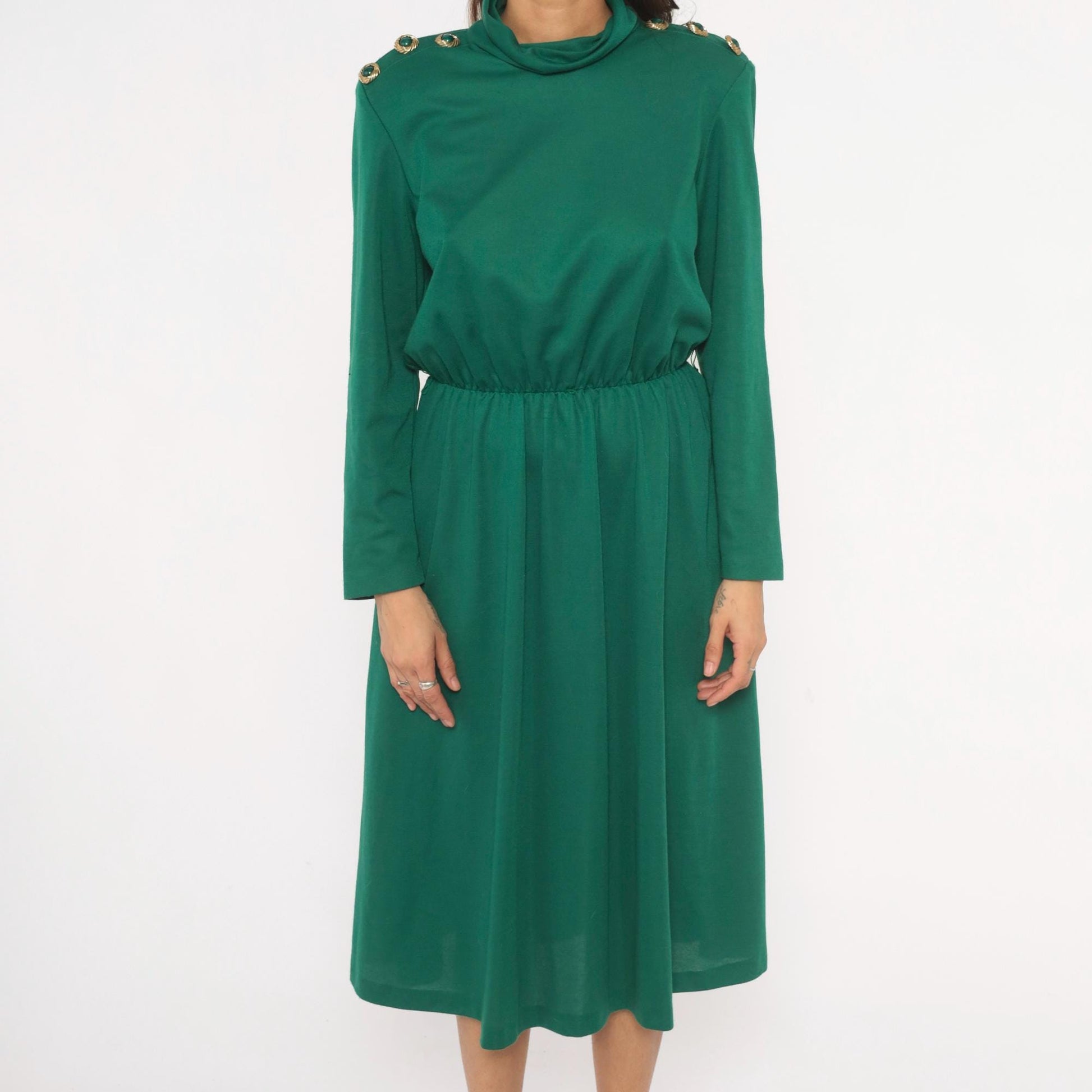 80s Impromptu Emerald Cowl Neck Midi Dress Gold Button Long Sleeve Large L
