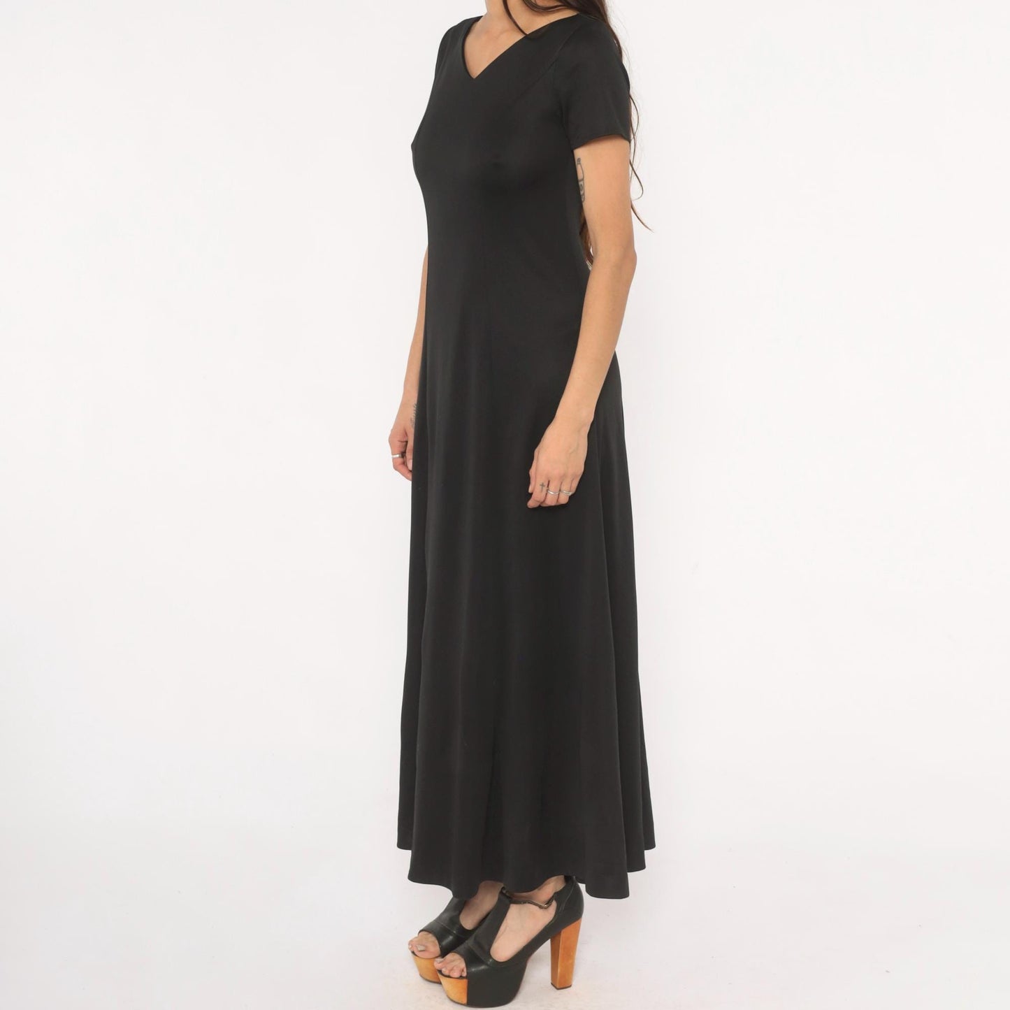 90s Black Maxi Dress V Neck Short Sleeve A Line Formal Gown Small S