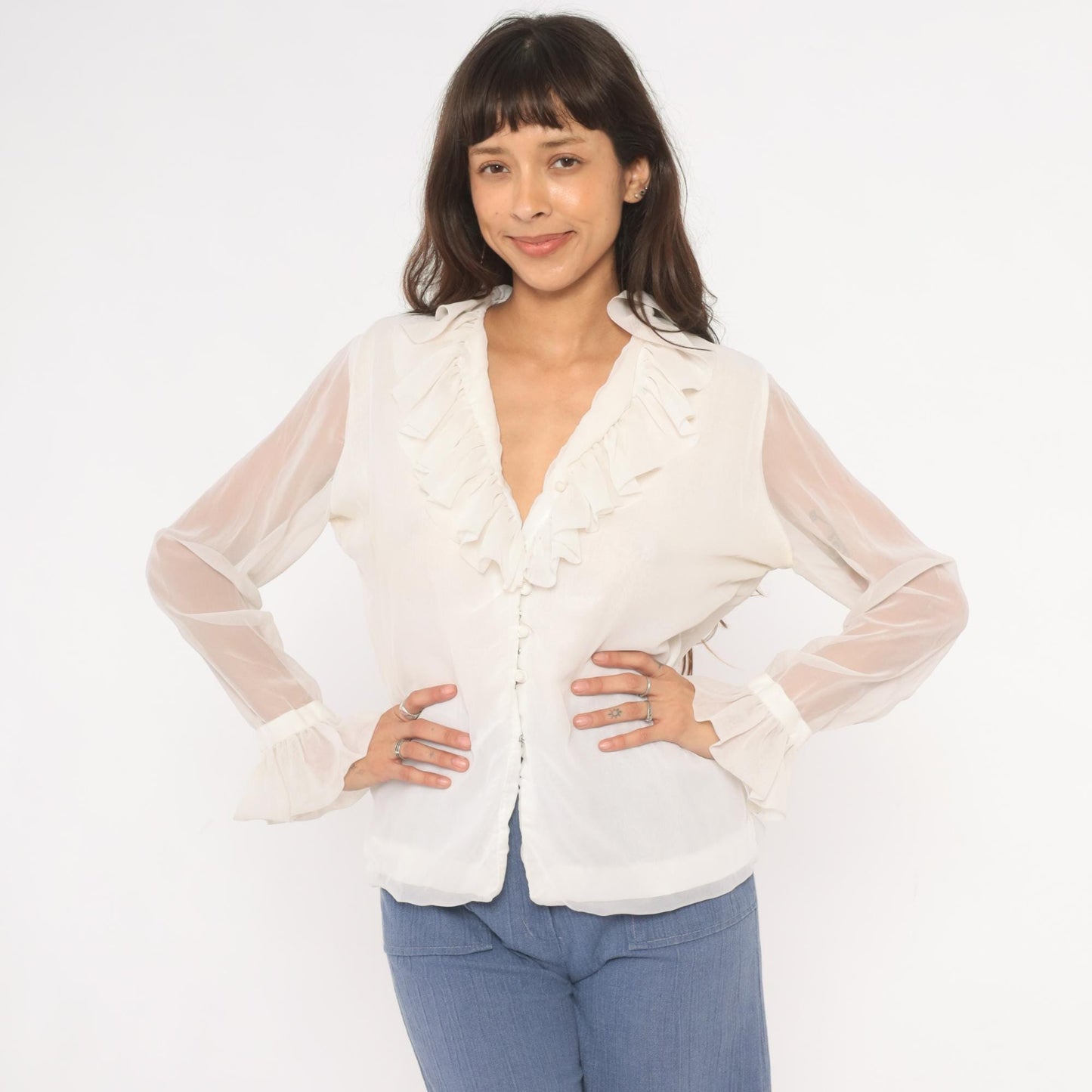 70s Gregory Ruffle Collar Blouse Ivory V-Neck Button Front Sheer Sleeve Medium
