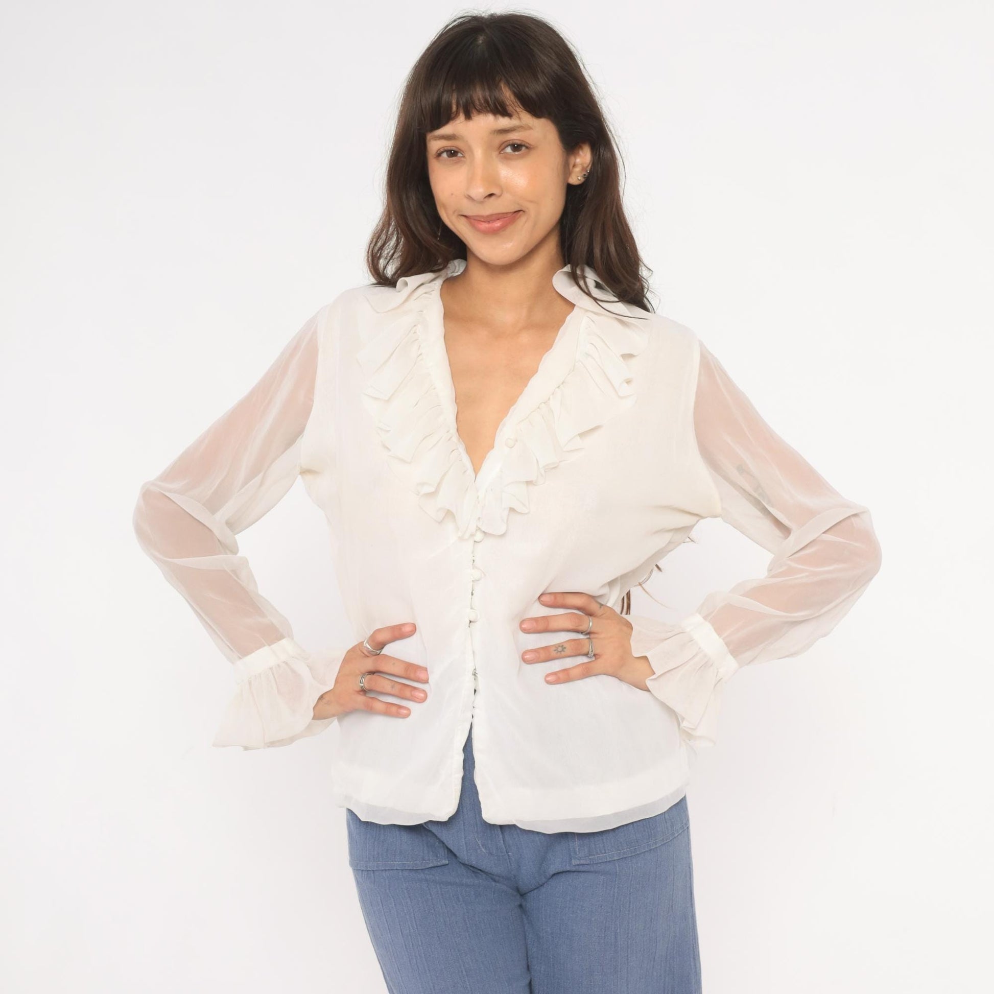 70s Gregory Ruffle Collar Blouse Ivory V-Neck Button Front Sheer Sleeve Medium