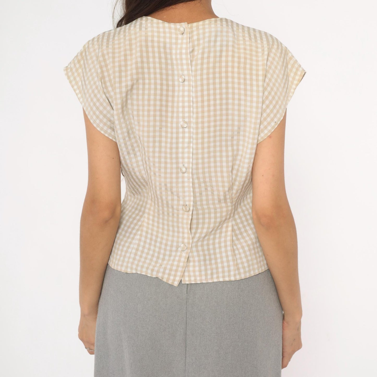 80s Componix Gingham Cap Sleeve Blouse Tan White Pintuck Peplum Medium