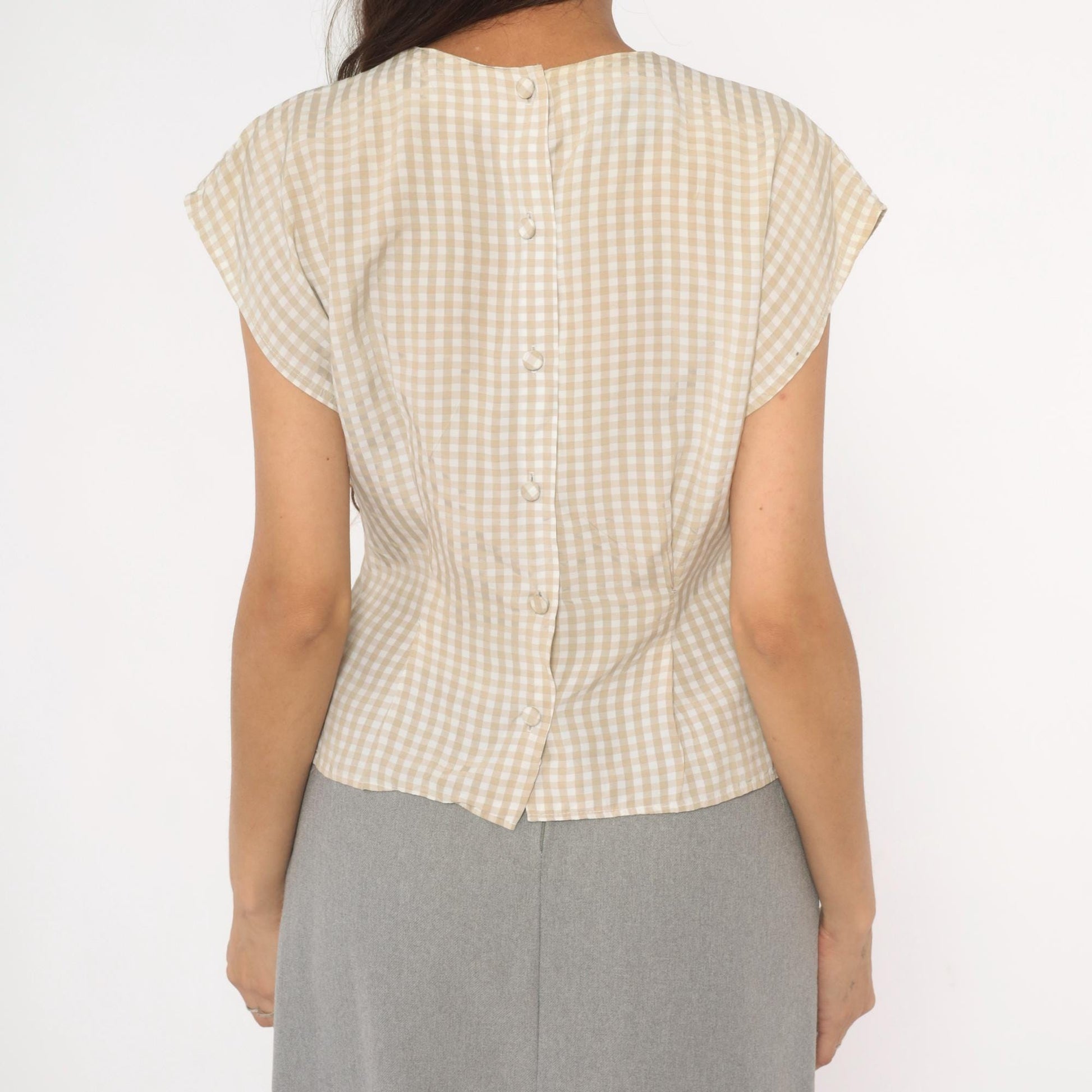 80s Componix Gingham Cap Sleeve Blouse Tan White Pintuck Peplum Medium
