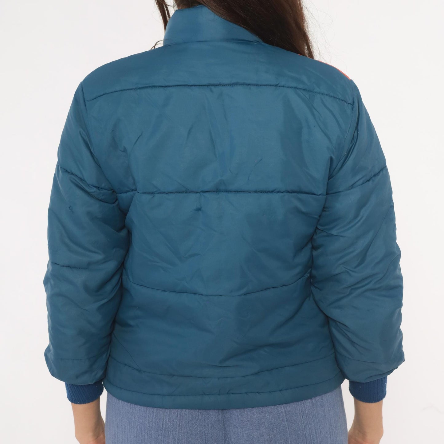 70s Navy Orange Cream Chevron Puffer Jacket Quilted Bomber Ski Coat XS