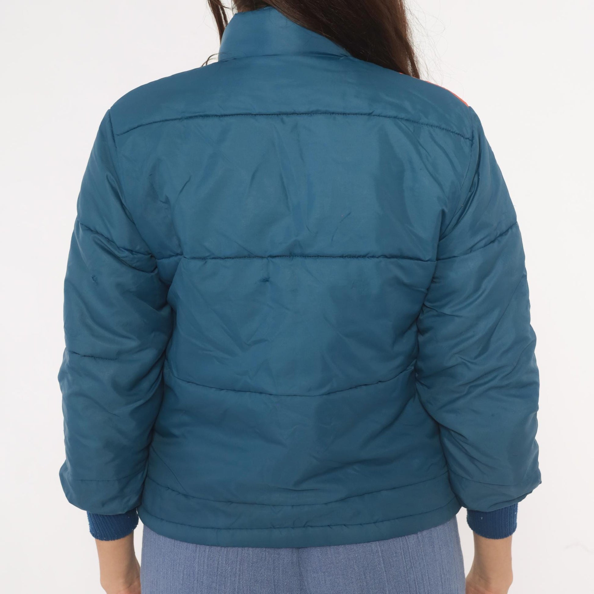 70s Navy Orange Cream Chevron Puffer Jacket Quilted Bomber Ski Coat XS