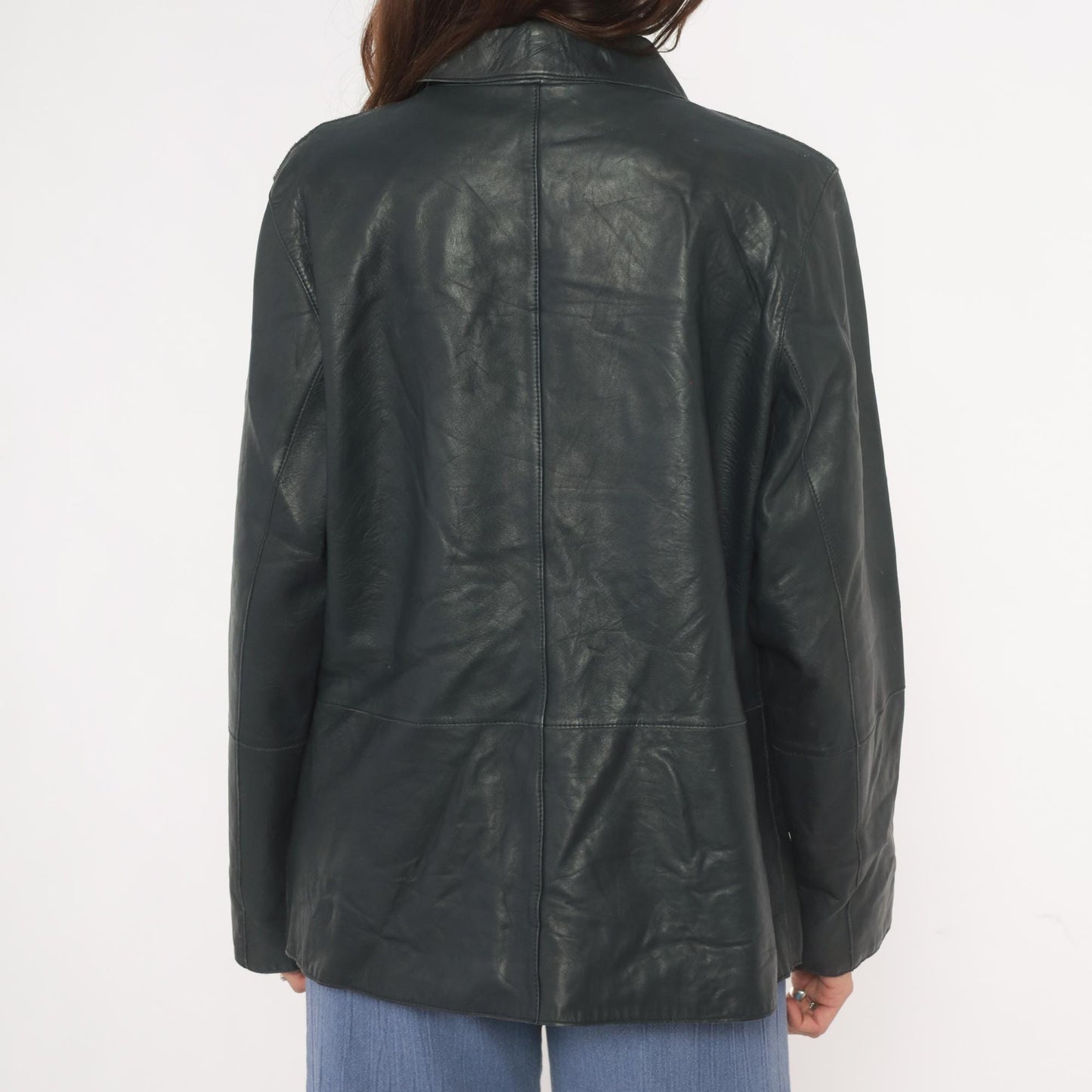 90s Katherine Kelly Black Lambskin Leather Jacket Button Front Large L