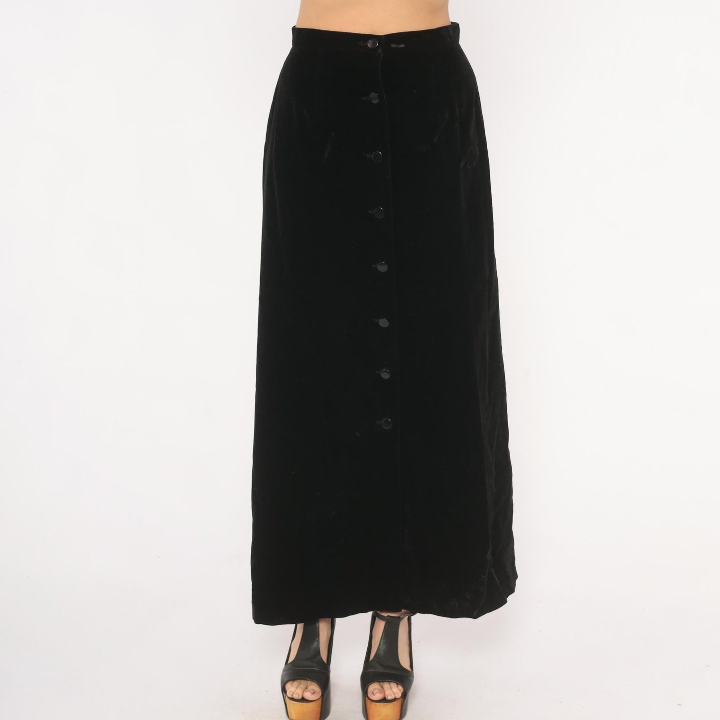 90s Black Velvet Maxi Skirt Button Front A-Line High Waist Small S