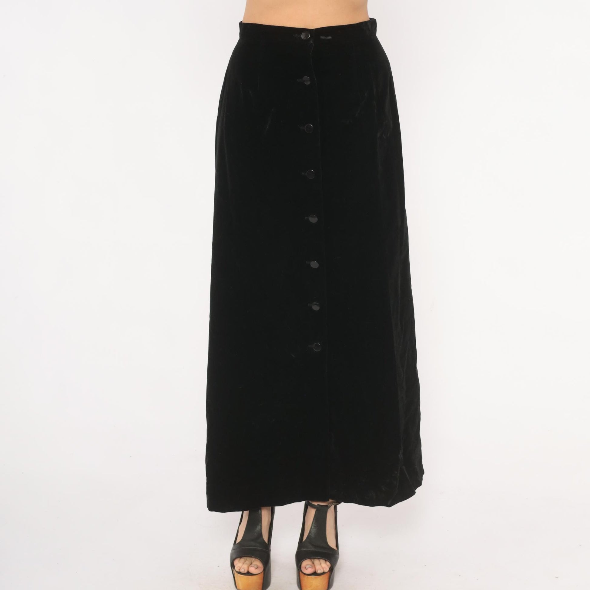90s Black Velvet Maxi Skirt Button Front A-Line High Waist Small S