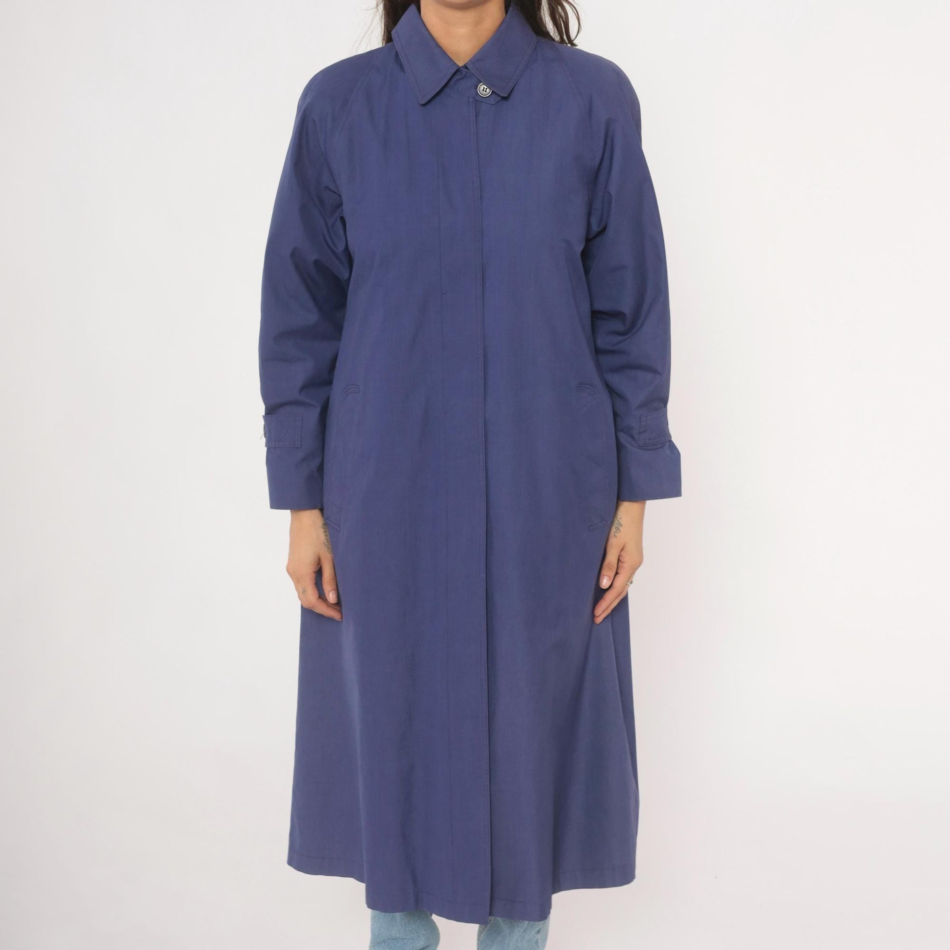 80s London Fog Periwinkle Trench Coat Cotton Midi Duster Medium M