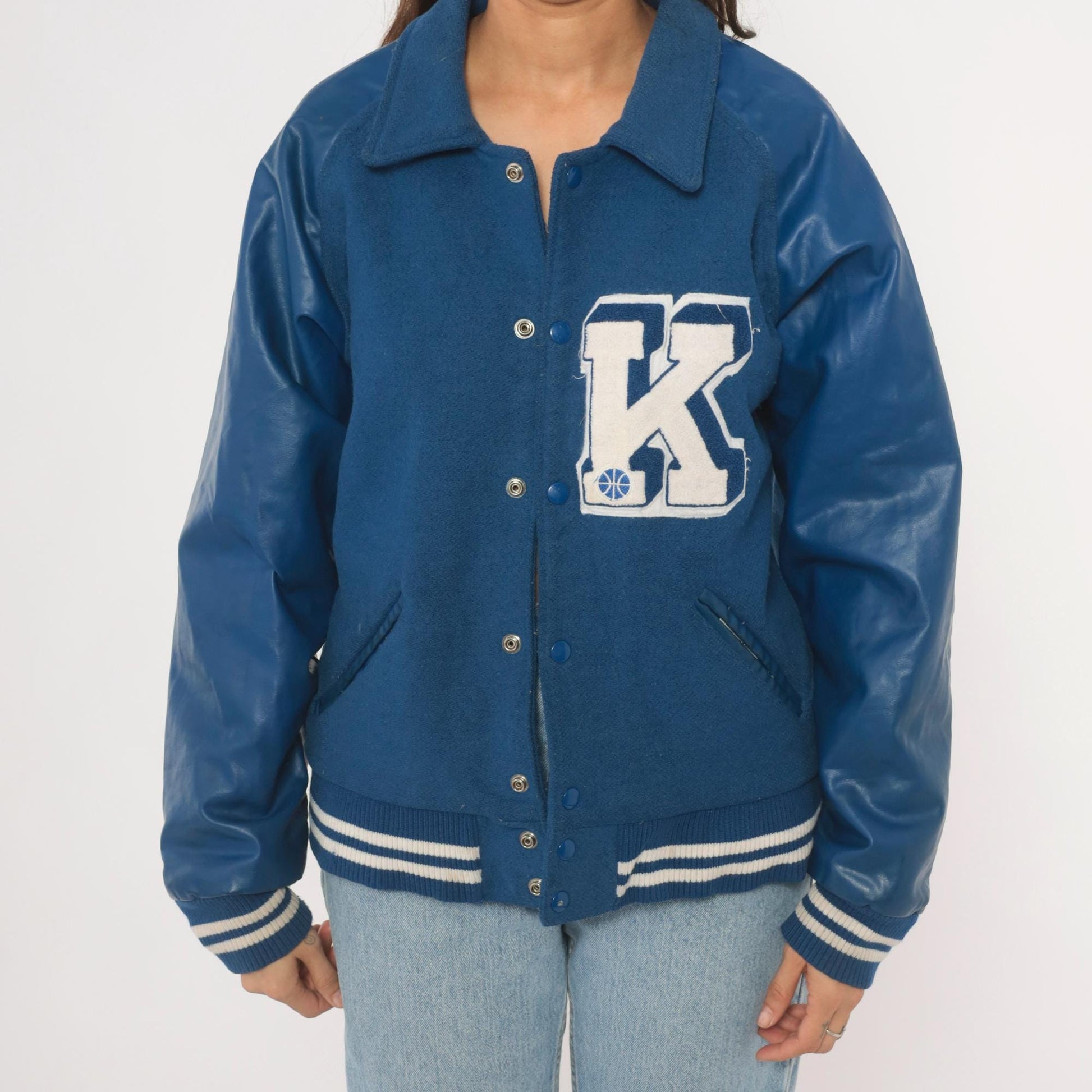 90s Reebok Varsity Jacket Wool Leather Letterman Blue Navy White Medium M