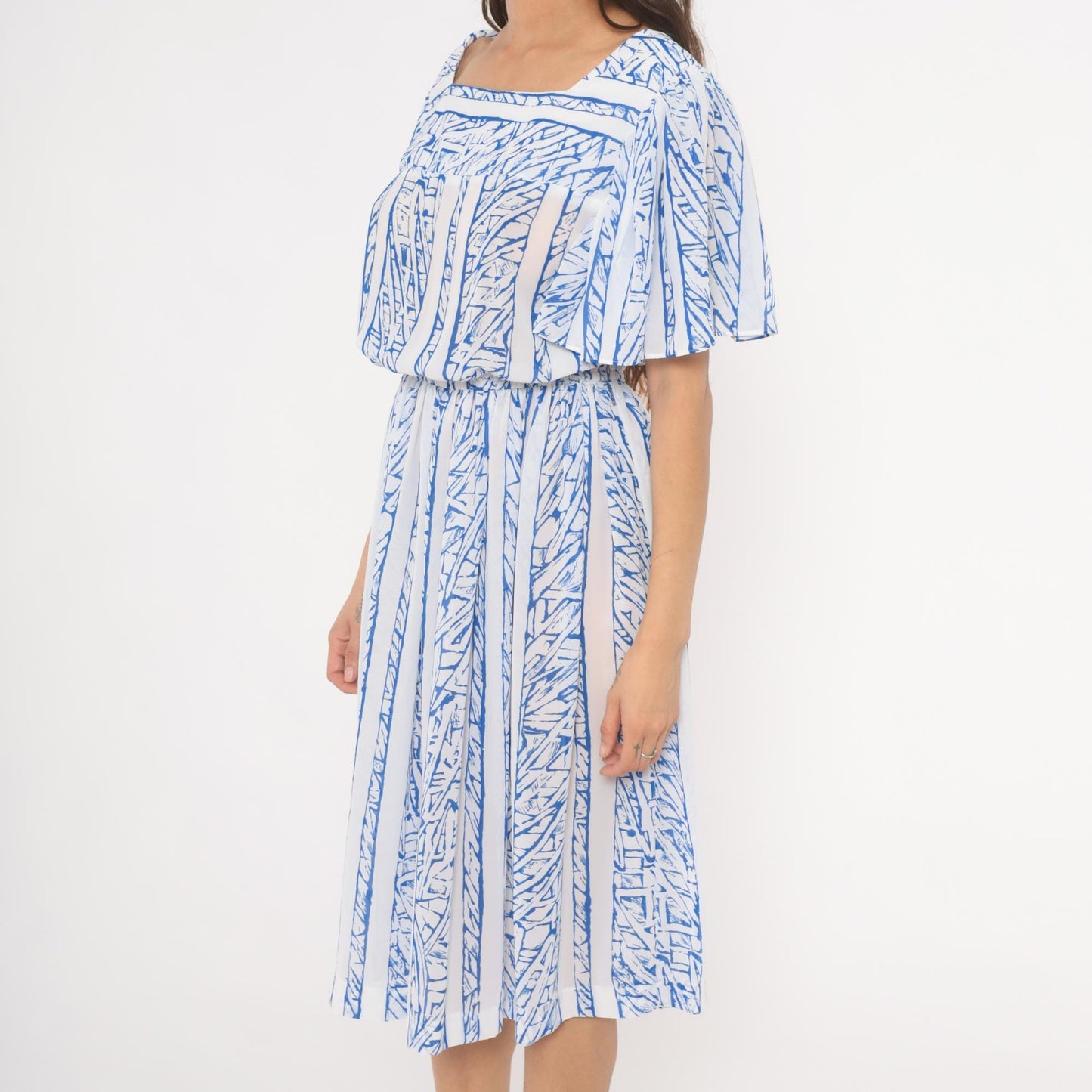 80s Top Act Abstract Stripe Dress Blue White Flutter Sleeve Knee Length Large L