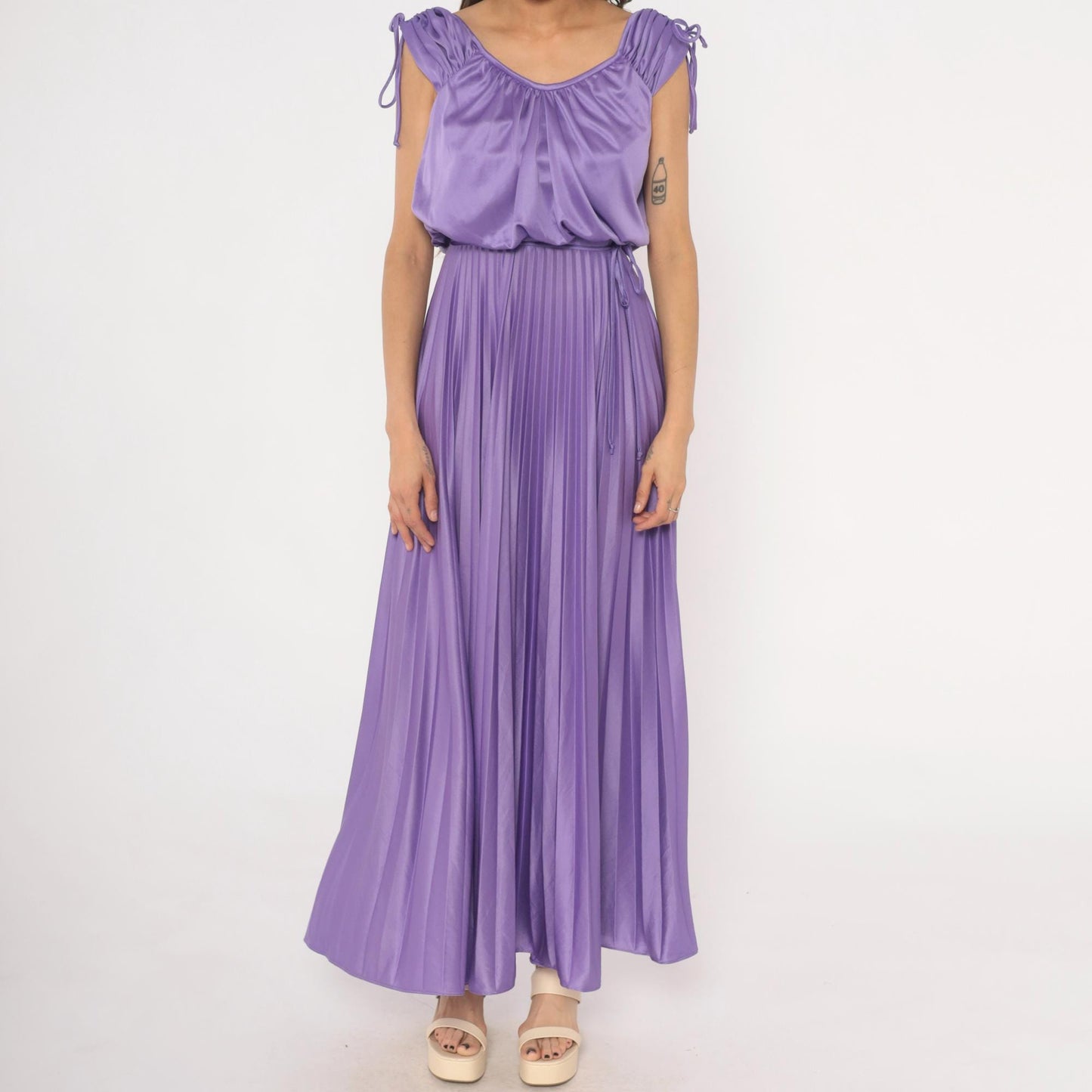 70s Lavender Pleated Maxi Dress Satin Blouson Bodice Tie Shoulder Small S