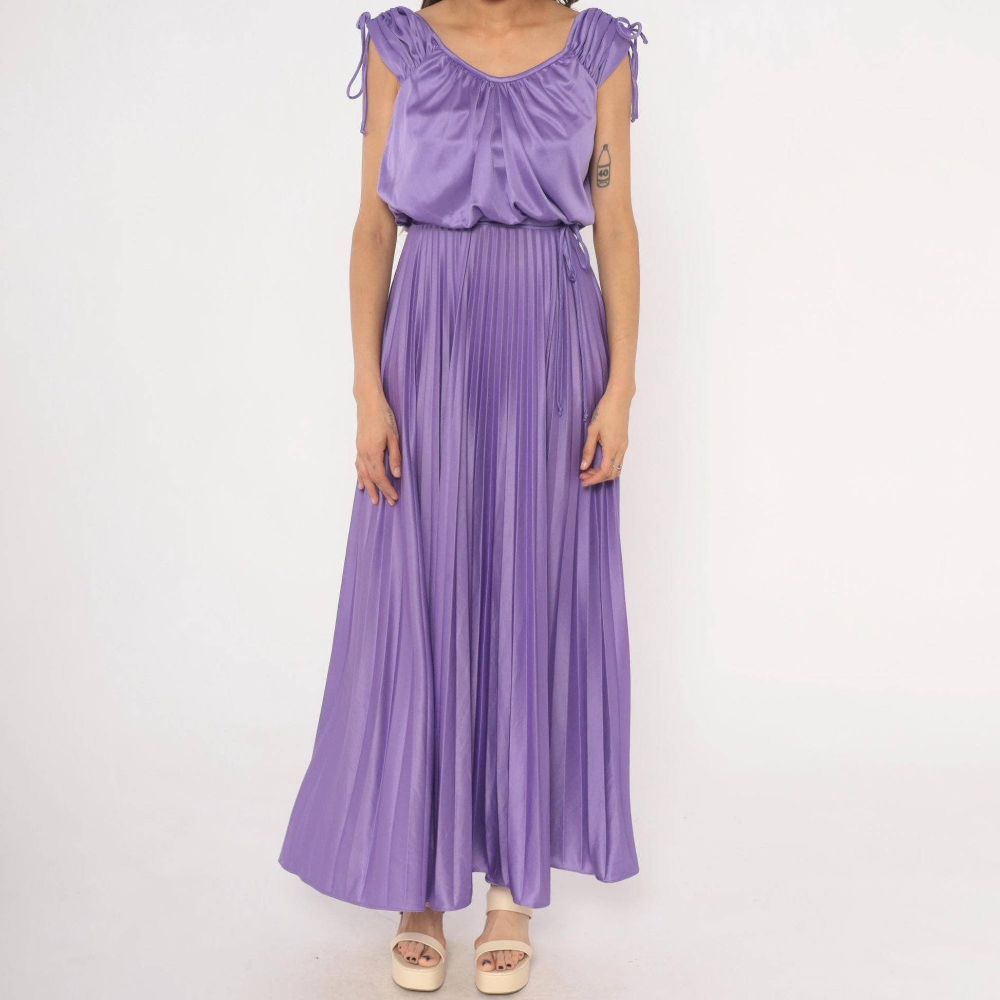 70s Lavender Pleated Maxi Dress Satin Blouson Bodice Tie Shoulder Small S