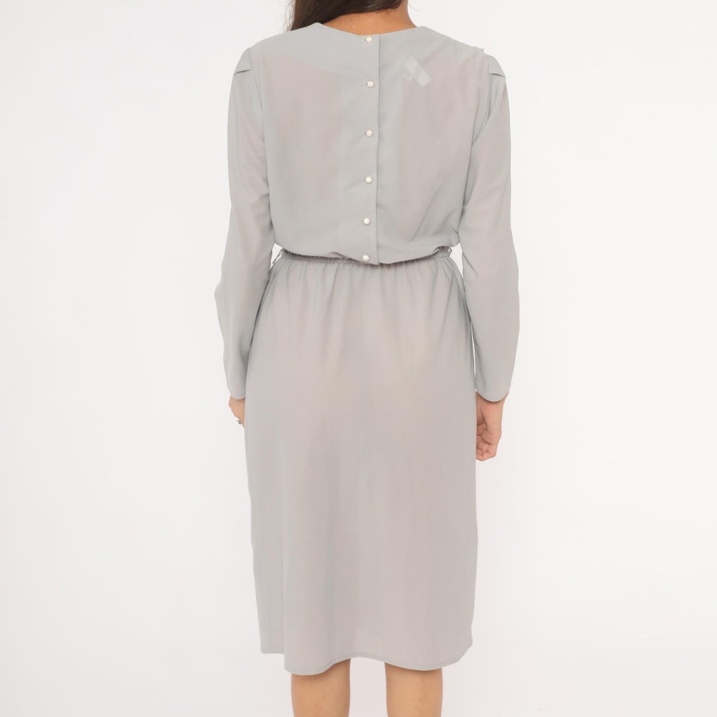 80s Grey Pleated Front Dress Pearl Button Back Long Sleeve Knee Length Small S