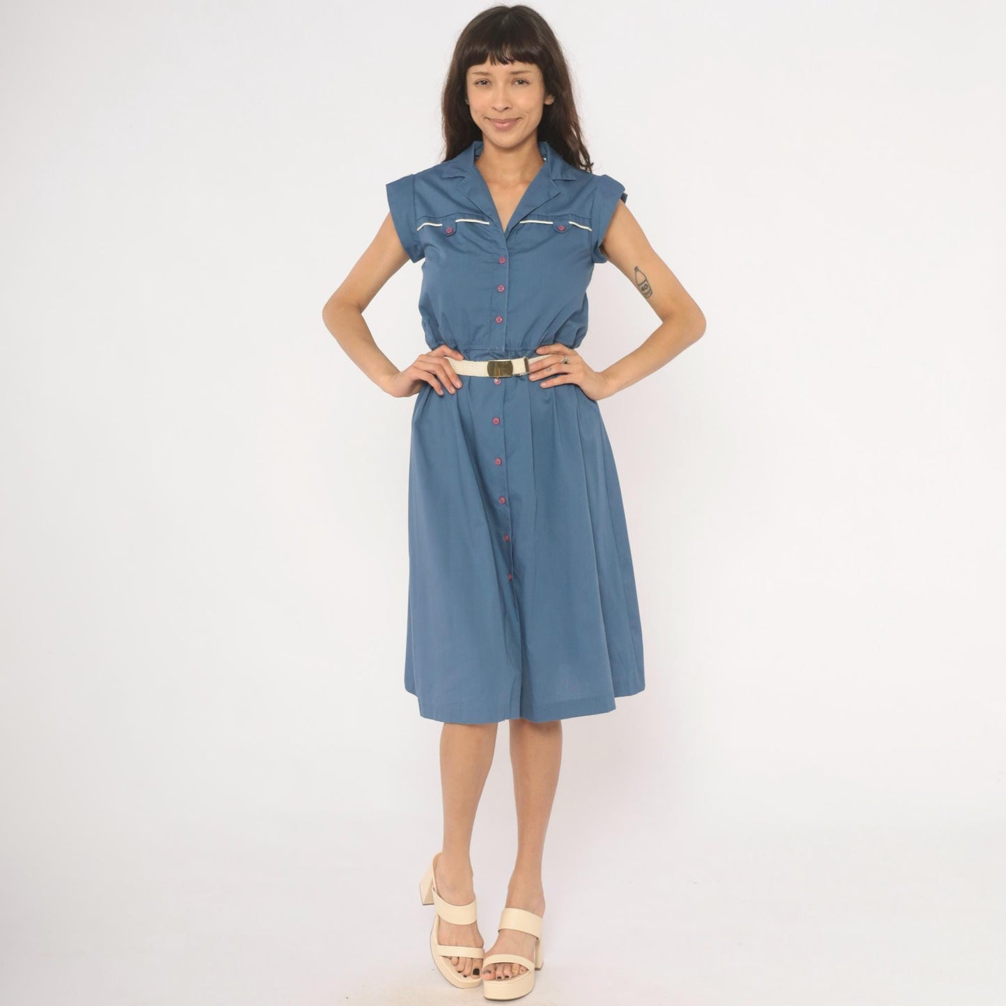 80s Slate Blue Button-Front Shirtdress Cap Sleeve Notched Collar Belted Small S