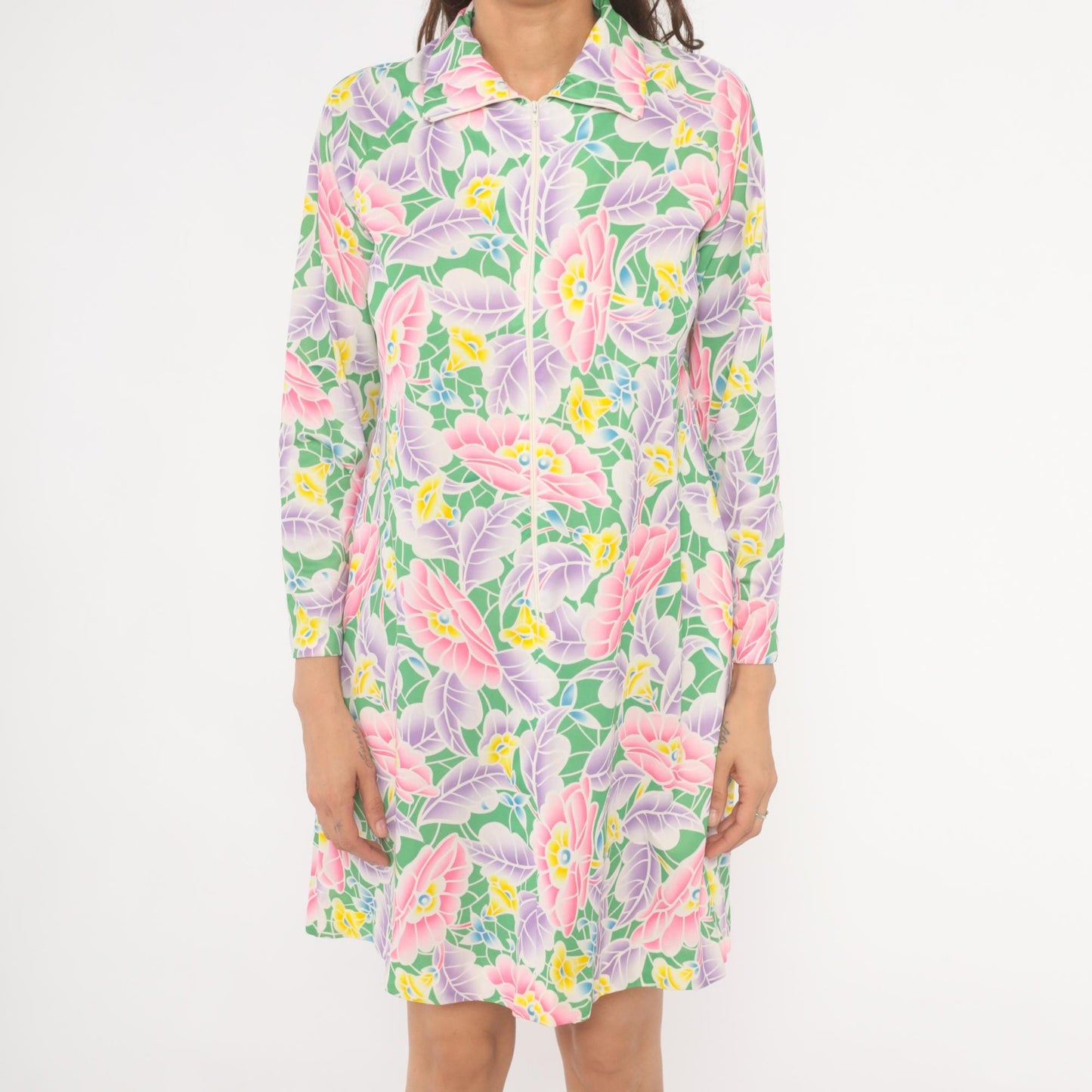 70s Travel Lite Floral Shift Dress Pink Lavender Green Knee-Length Small S