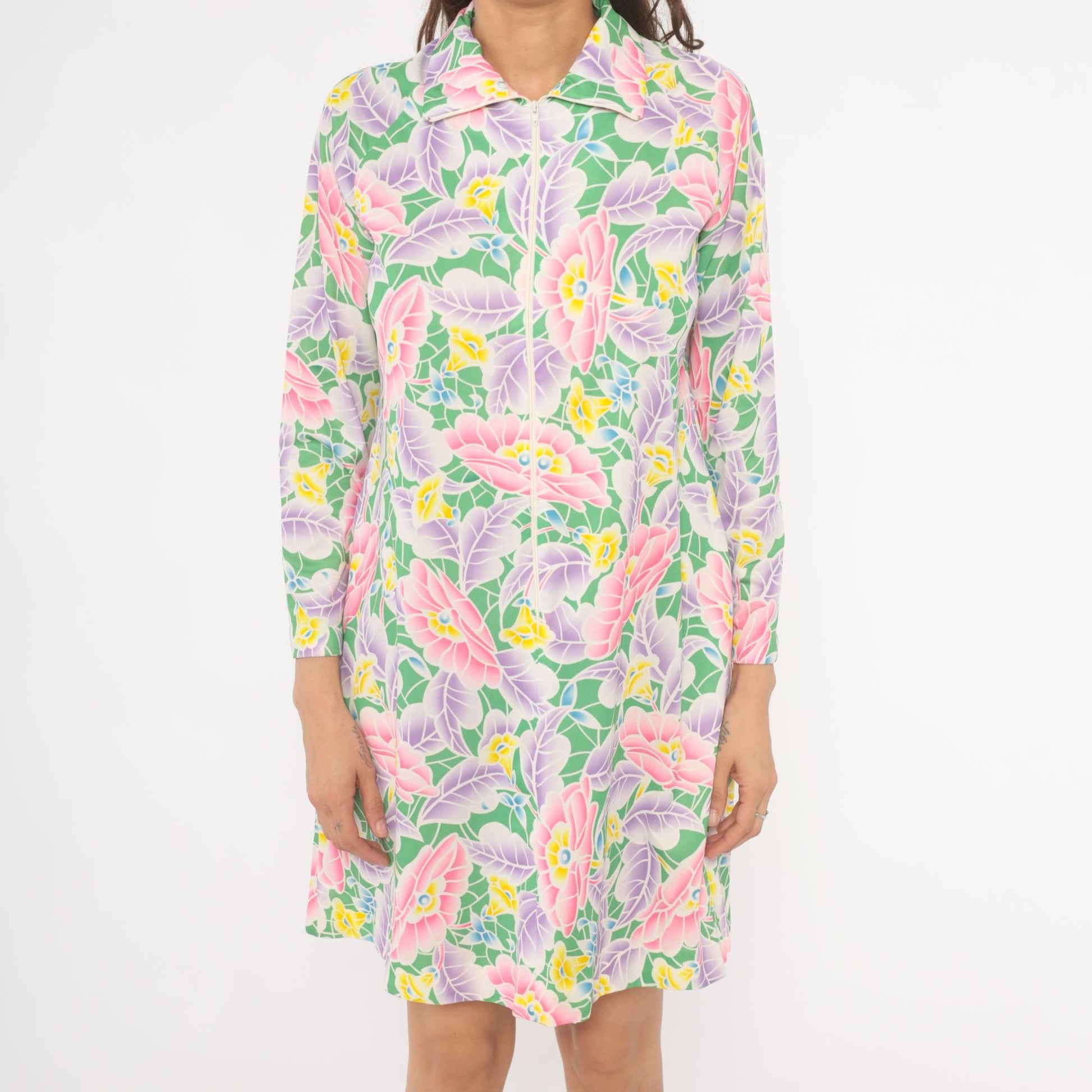 70s Travel Lite Floral Shift Dress Pink Lavender Green Knee-Length Small S