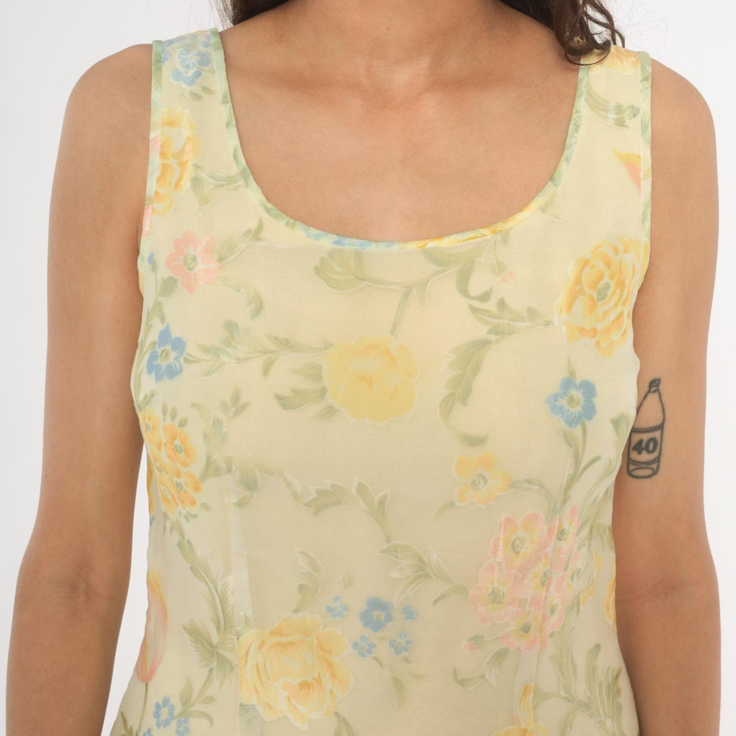 90s Ann Taylor Floral Shift Dress Yellow Scoop Neck Sleeveless Knee Small