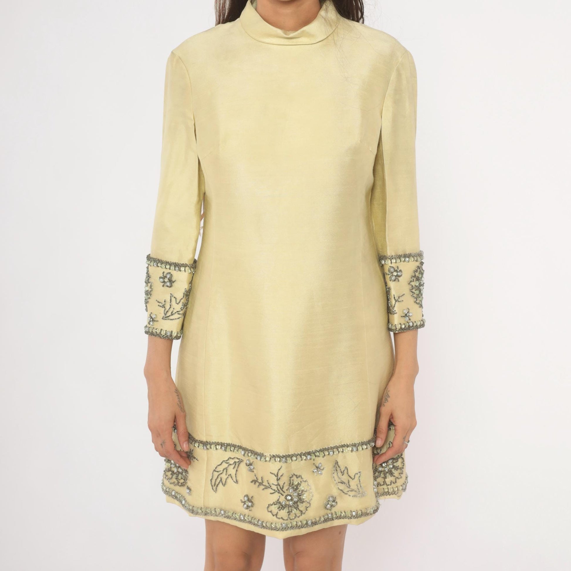 60s Miss Elliette Cream Shift Dress Silver Beaded Floral Mock Neck Mini Medium M