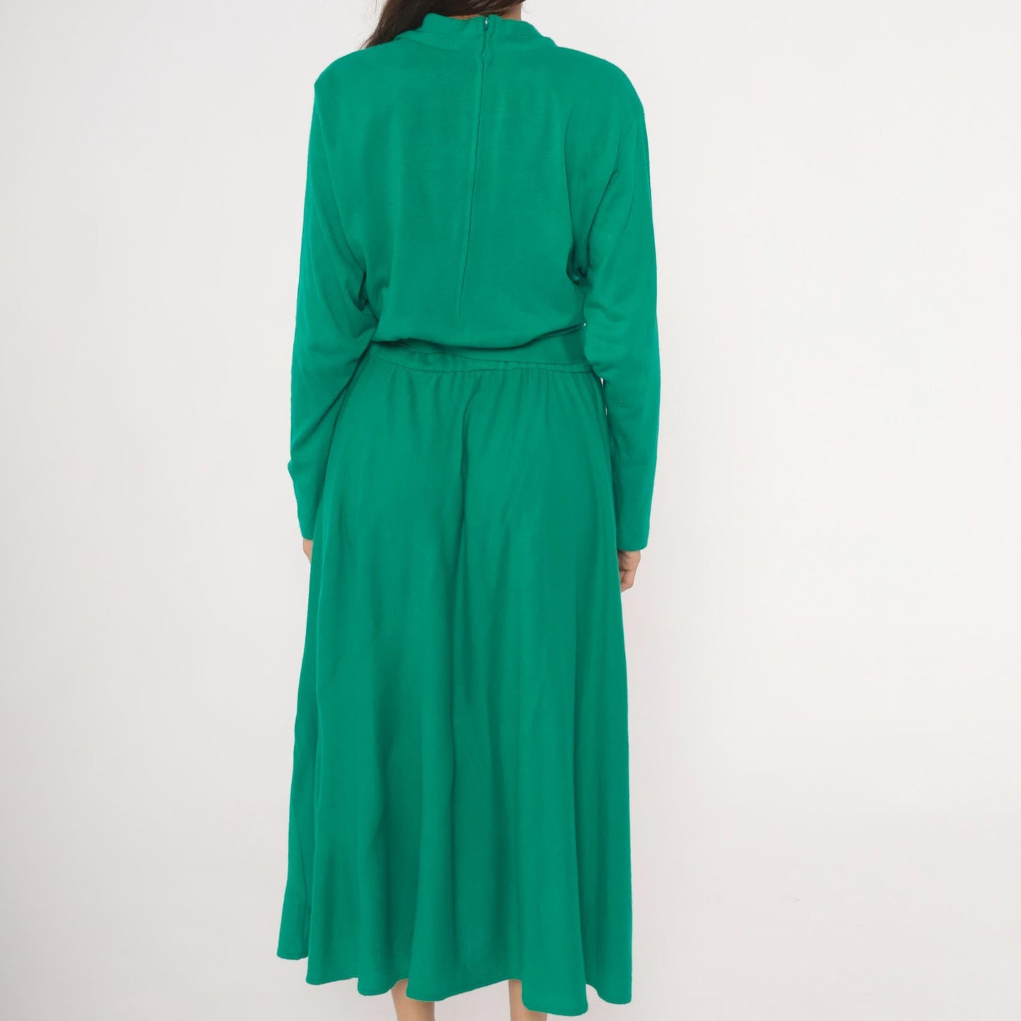 80s Positive Attitude Emerald Midi Dress Gold Buckle Belt Long Sleeve Large L