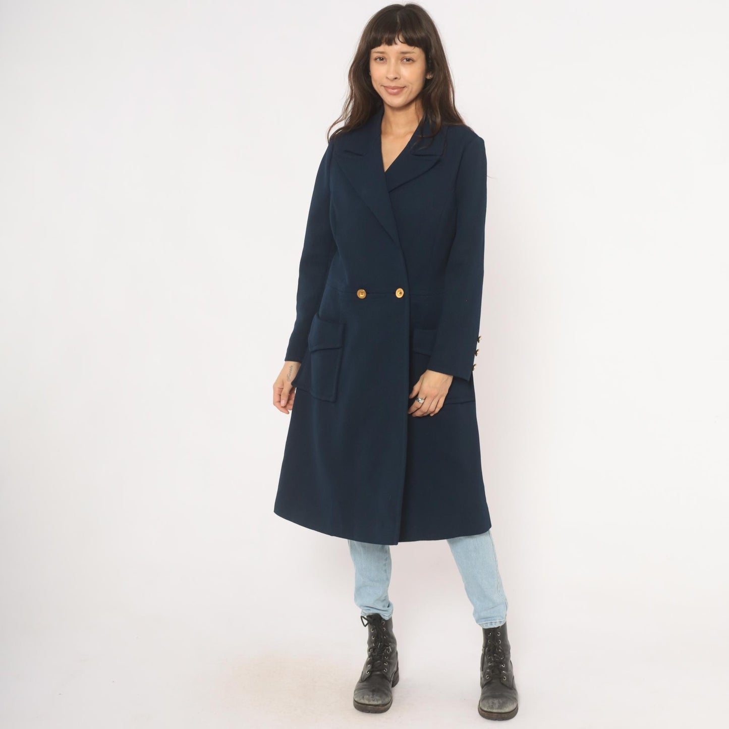 70s Butte Knit Navy Double Breasted Coat Gold Buttons Knee Length Large L