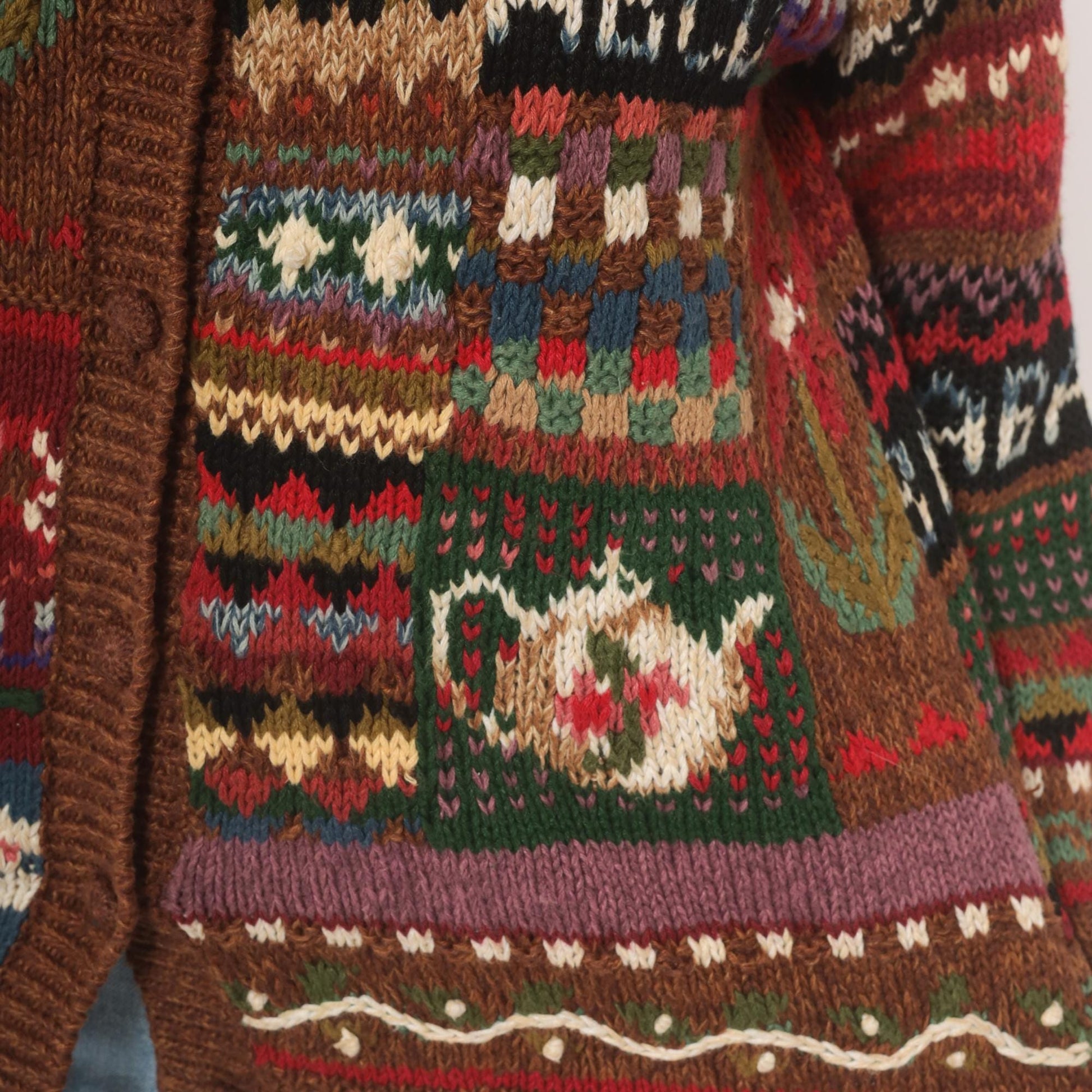 90s Tiara International Patchwork Cardigan Floral Fair Isle Knit Brown Small