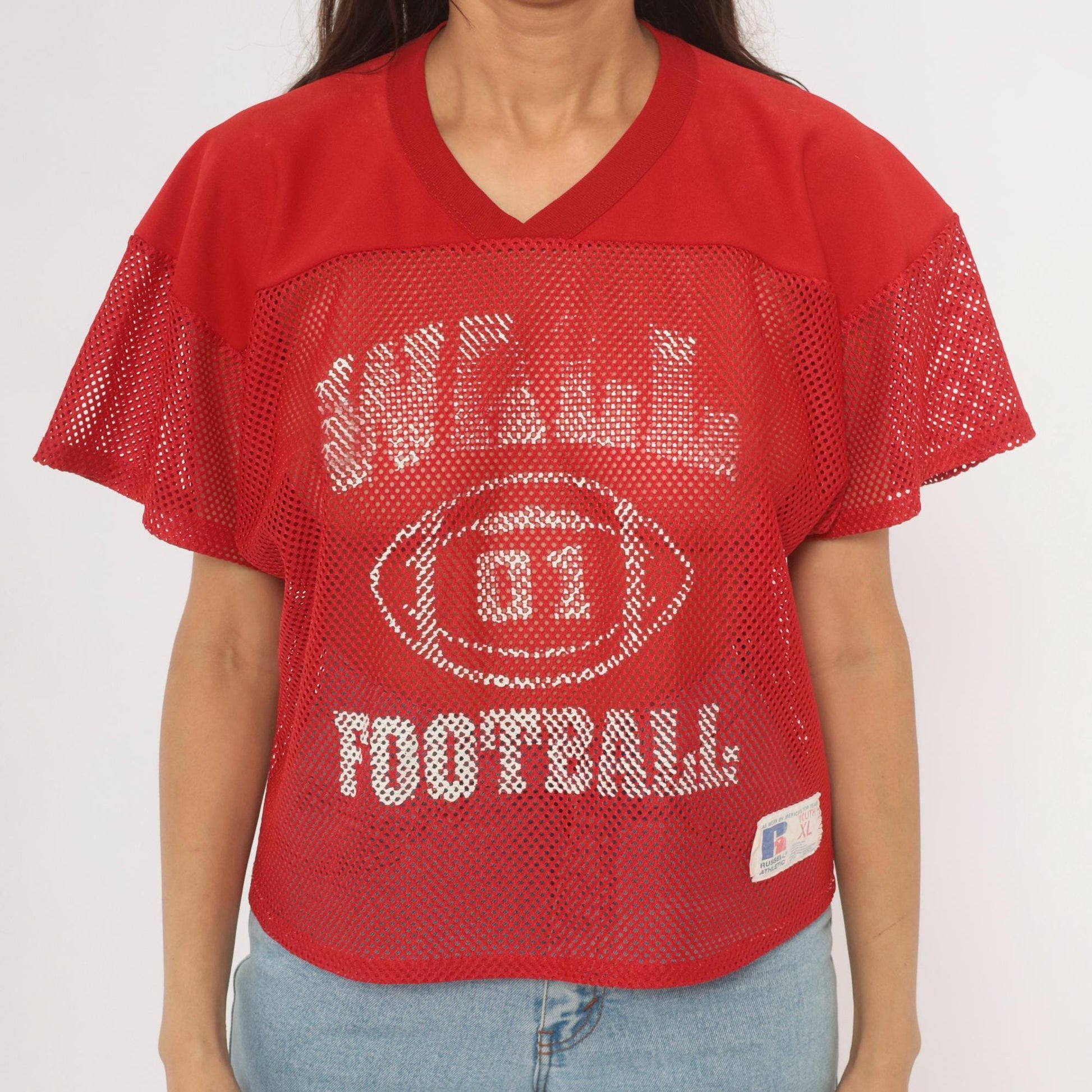 90s Russell Athletic Mesh Football Jersey Red Graphic Crop Medium