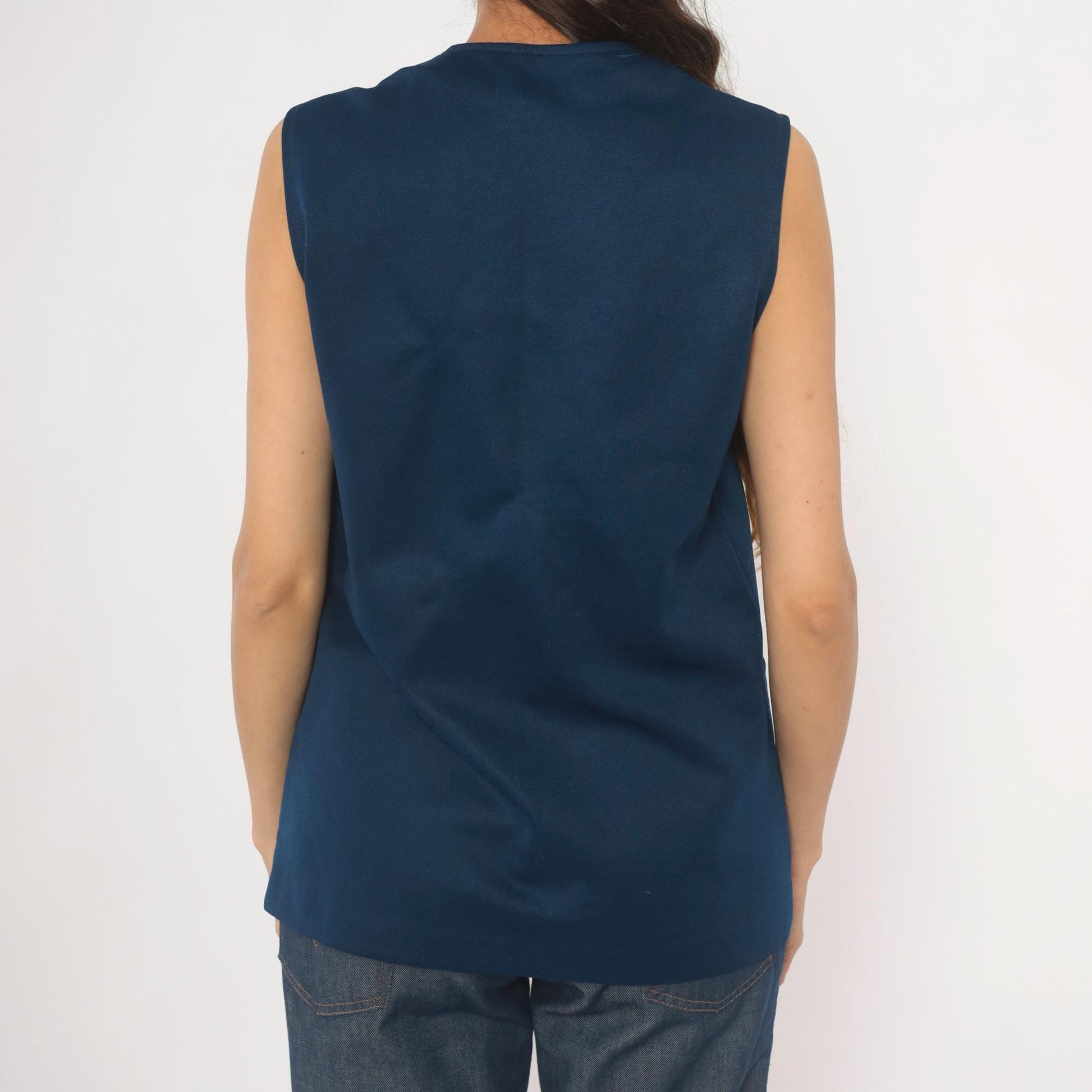 70s Navy Button Front Vest V Neck Longline Knit Top Medium M