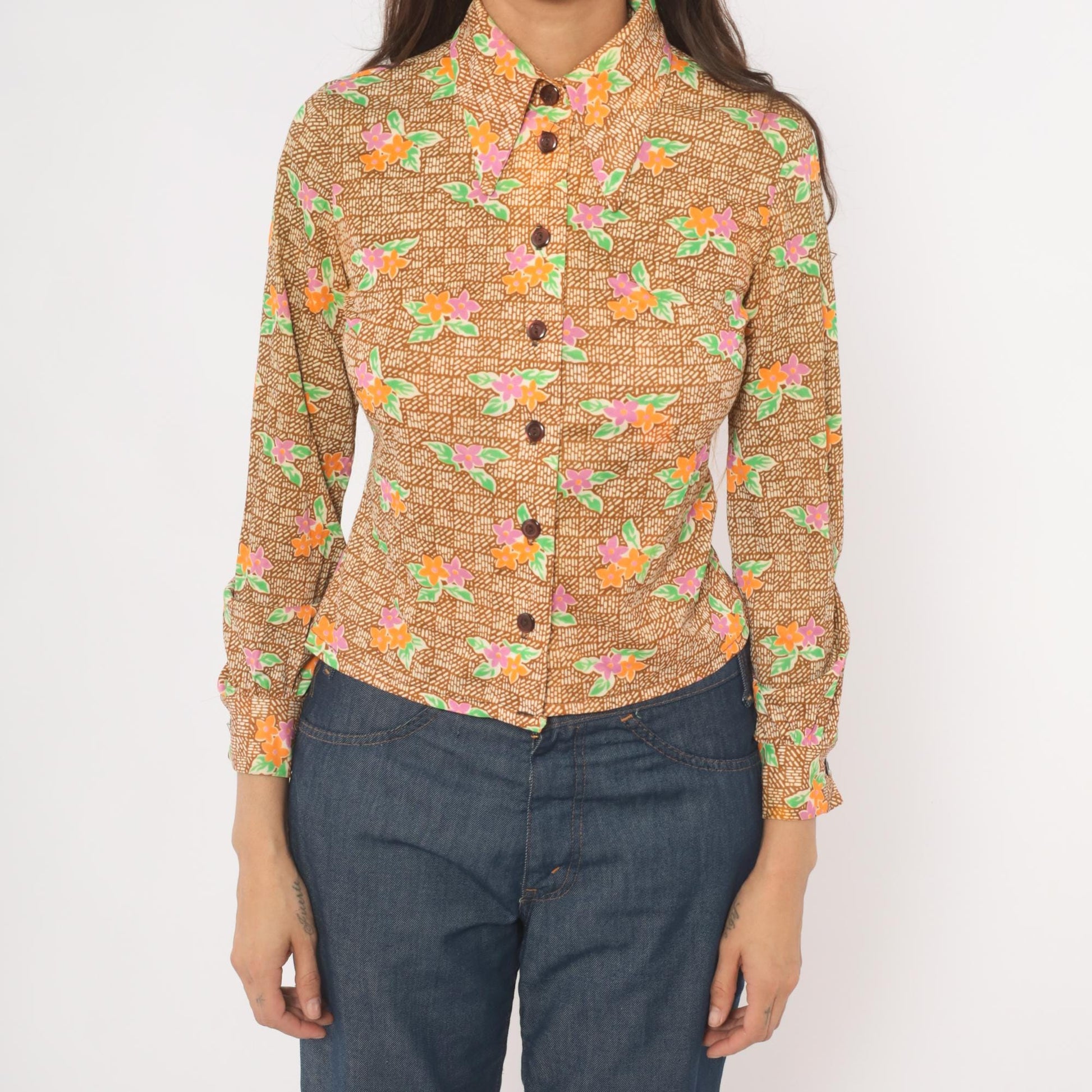 70s Floral Button-Up Blouse Pointed Collar Brown Pink Orange Green Small