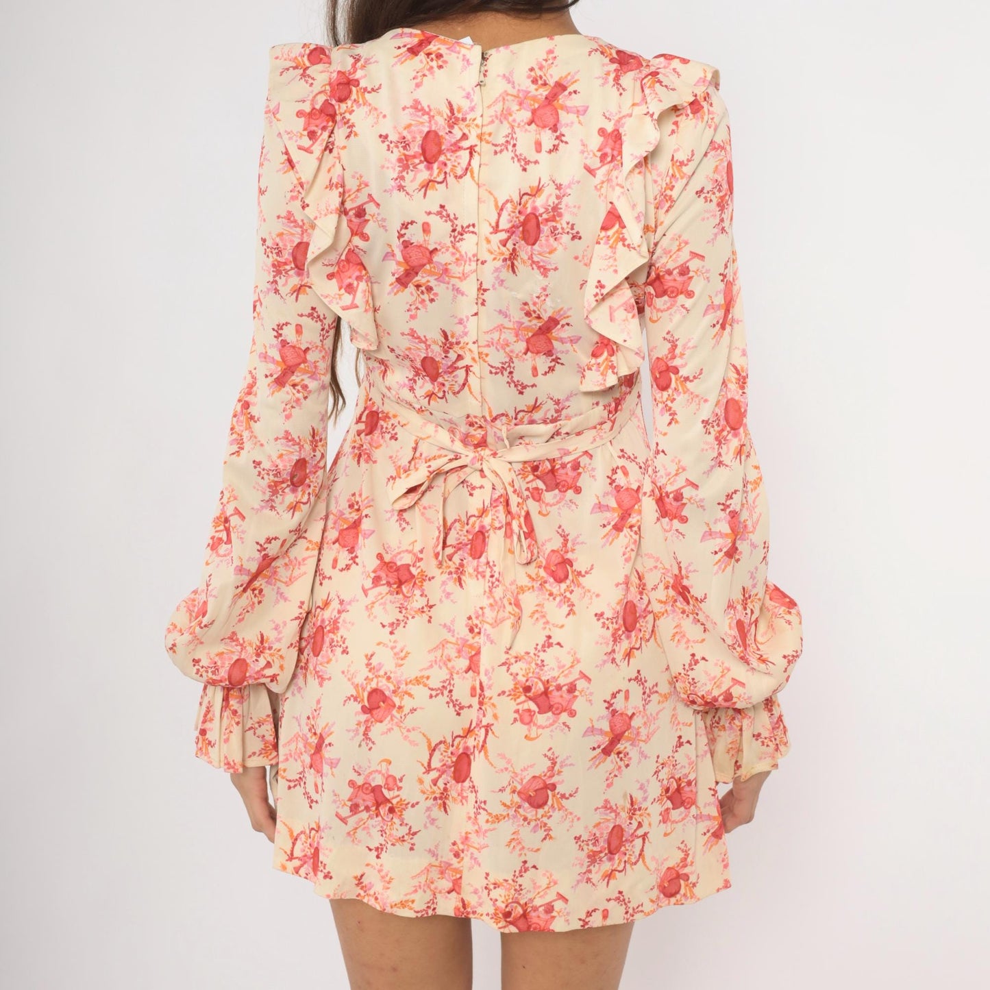 70s Cream Pink Floral Mini Dress Ruffle Collar Bell Sleeve Tie Waist Medium