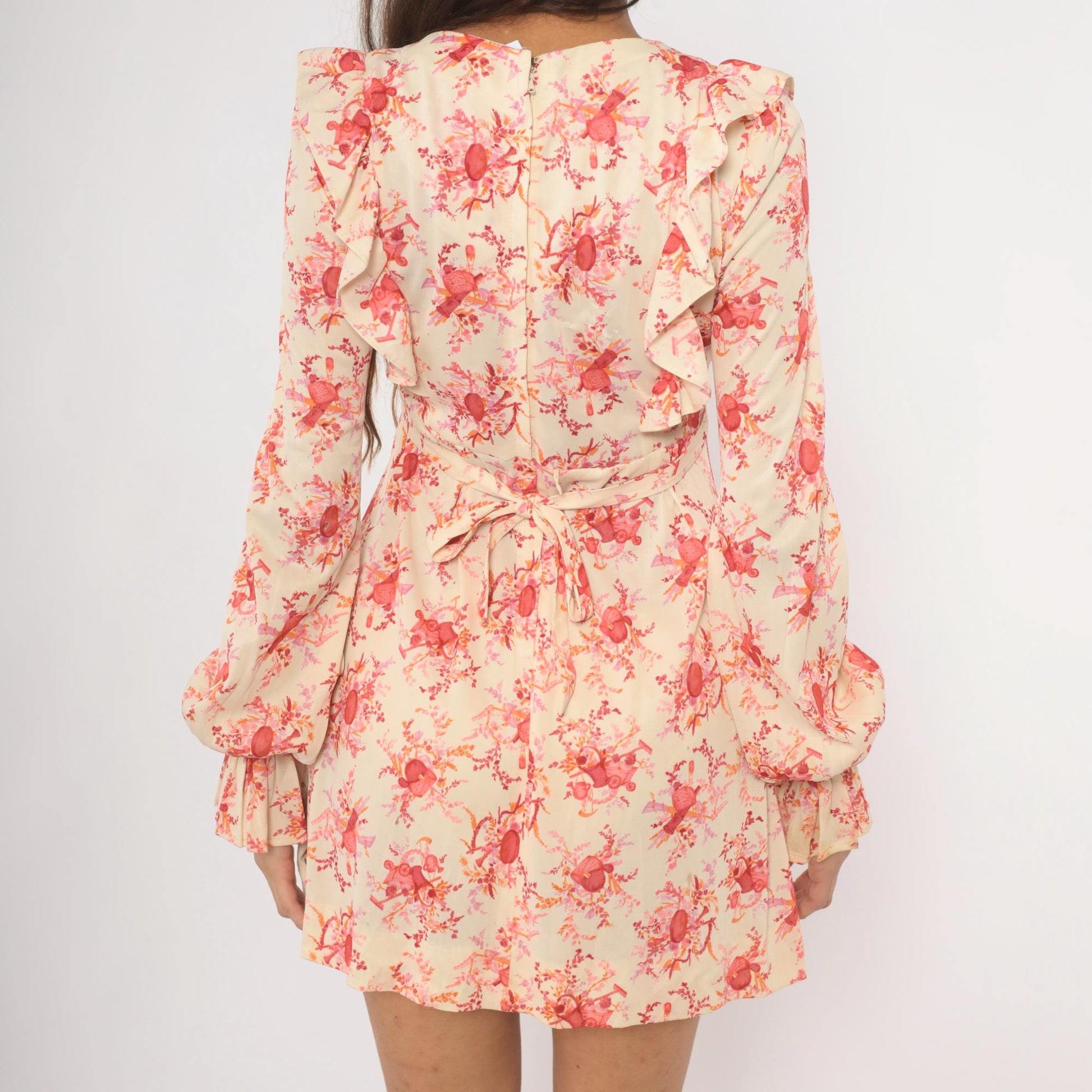 70s Cream Pink Floral Mini Dress Ruffle Collar Bell Sleeve Tie Waist Medium
