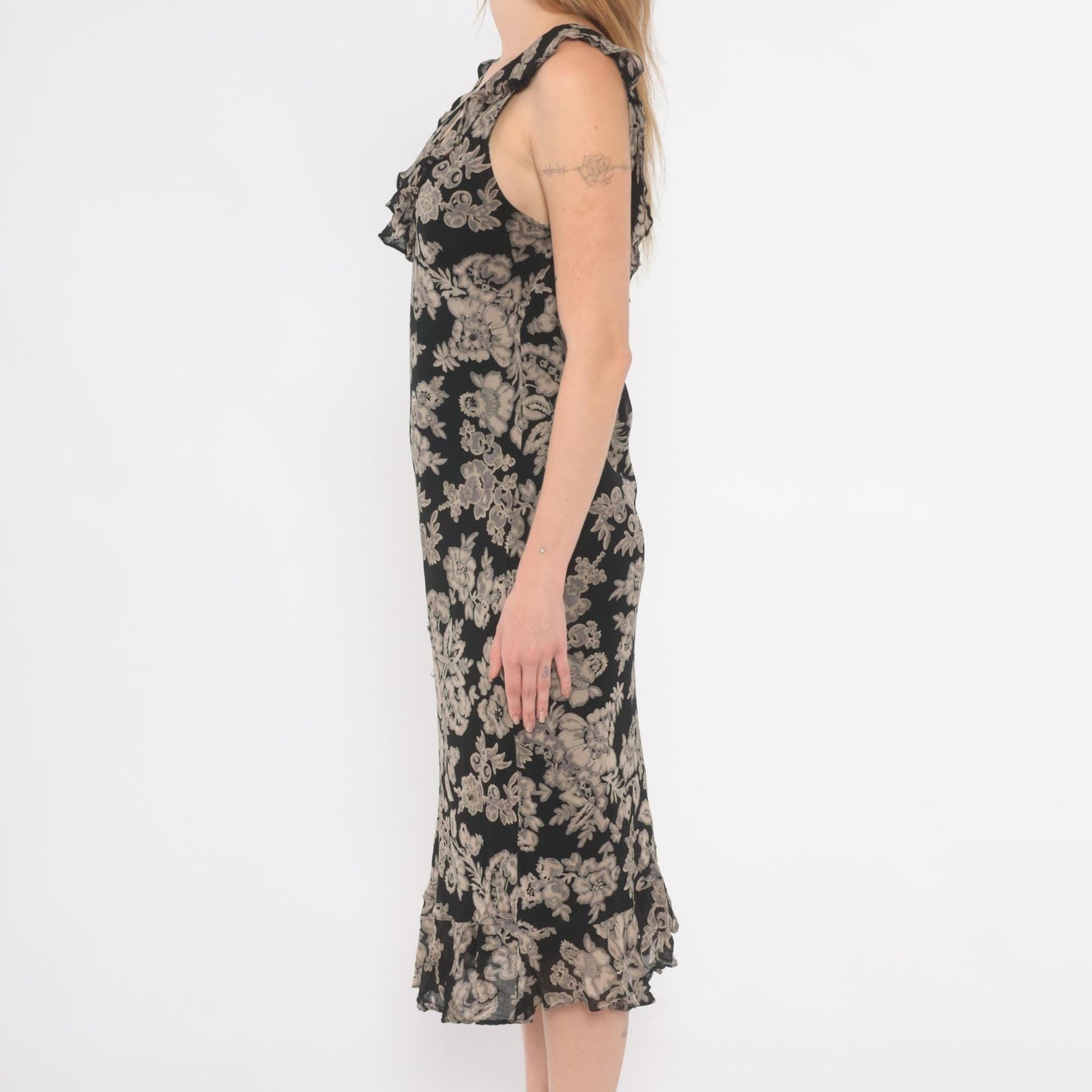 90s Black Grey Floral Midi Dress V-Neck Ruffle Chiffon Medium M