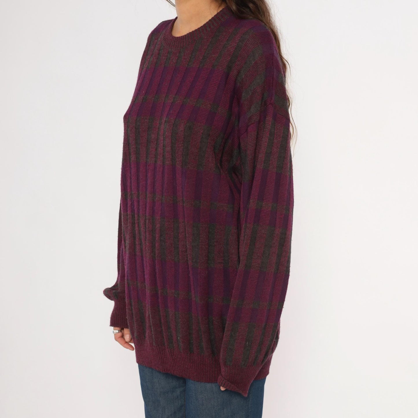 80s Gea Plaid Knit Sweater Burgundy Purple Grey Crewneck Extra Large XL