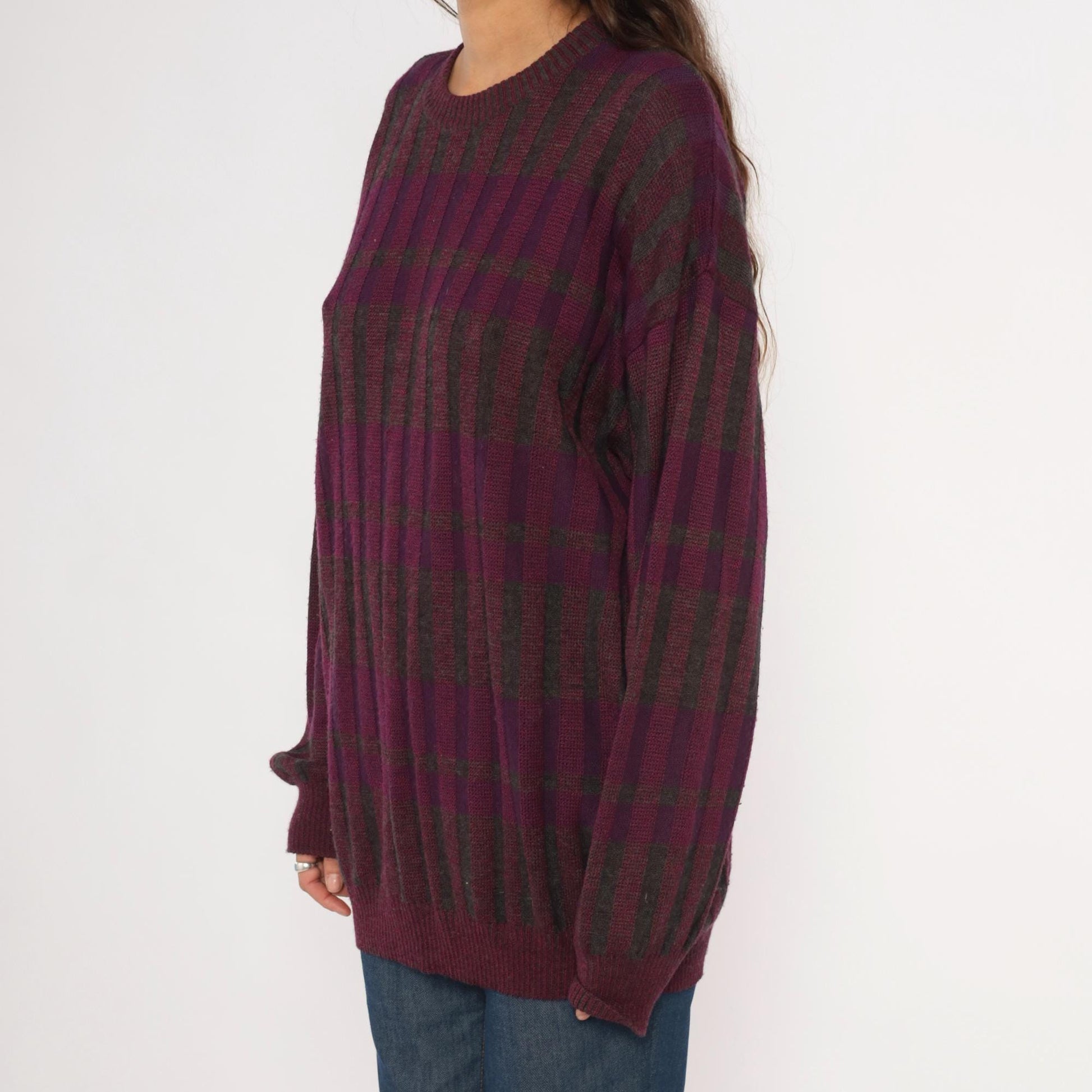 80s Gea Plaid Knit Sweater Burgundy Purple Grey Crewneck Extra Large XL