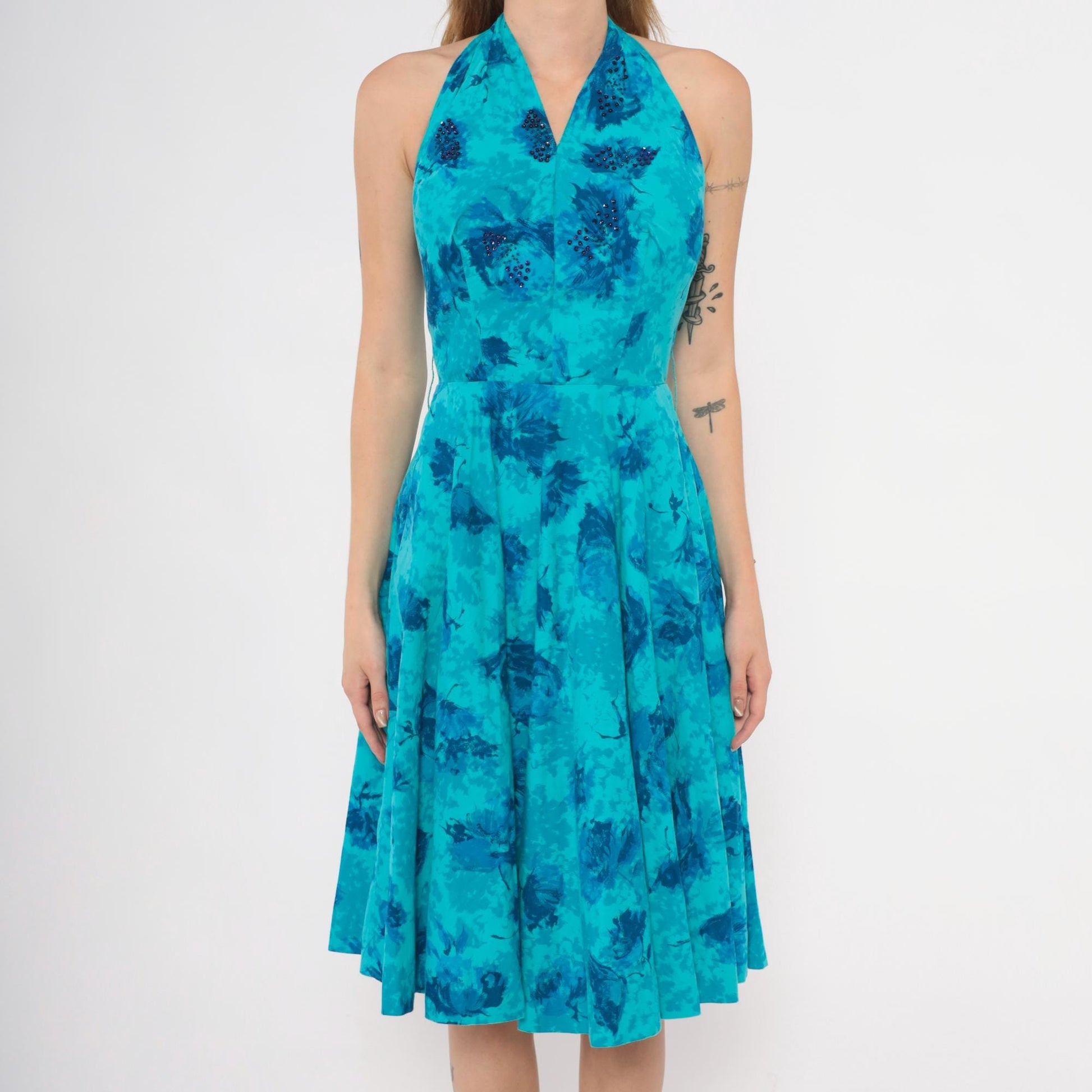 1950s Makoff Halter Dress Turquoise Floral Rhinestone Pleated Circle Skirt Extra Small XS