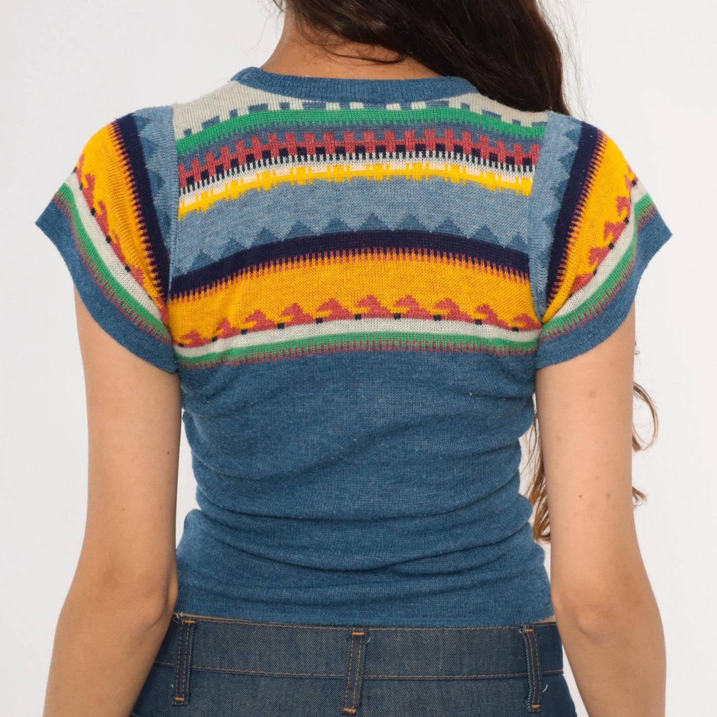 70s JCPenney Southwestern Fair Isle Knit Top Cap Sleeve Cropped Extra Small XS